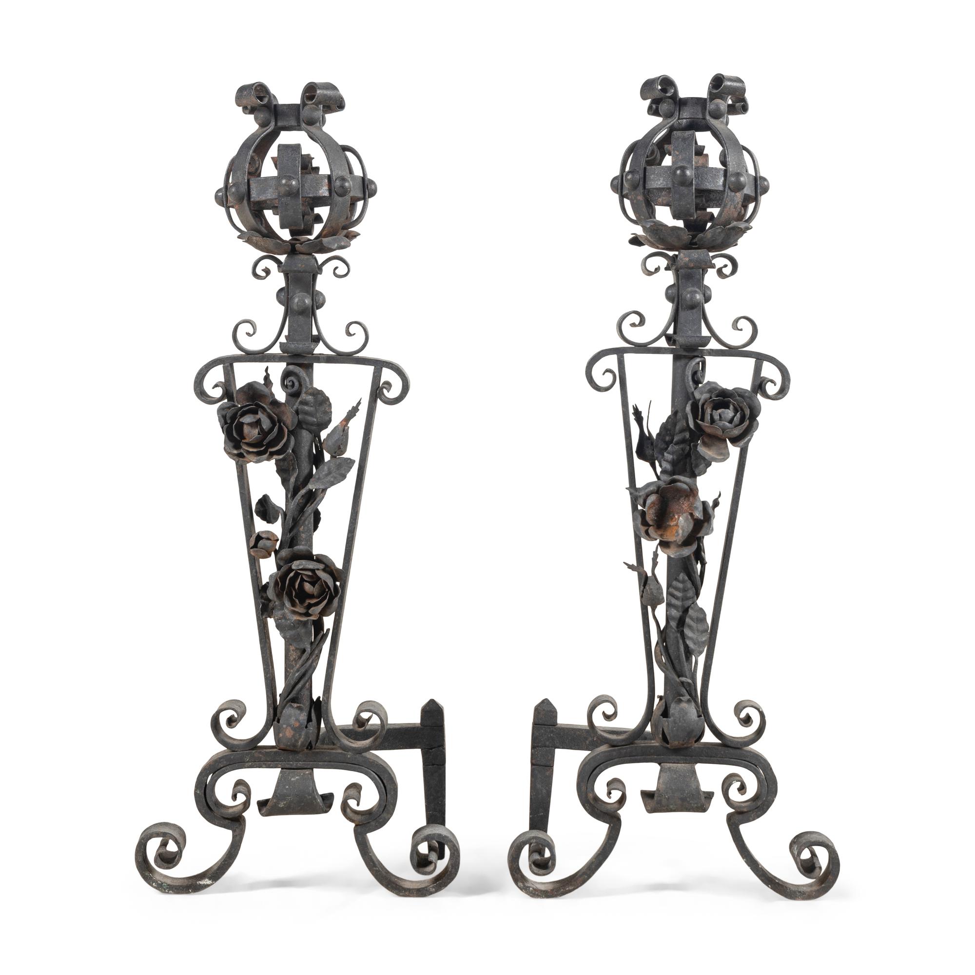 A Pair of Baroque Style Wrought Iron Andirons