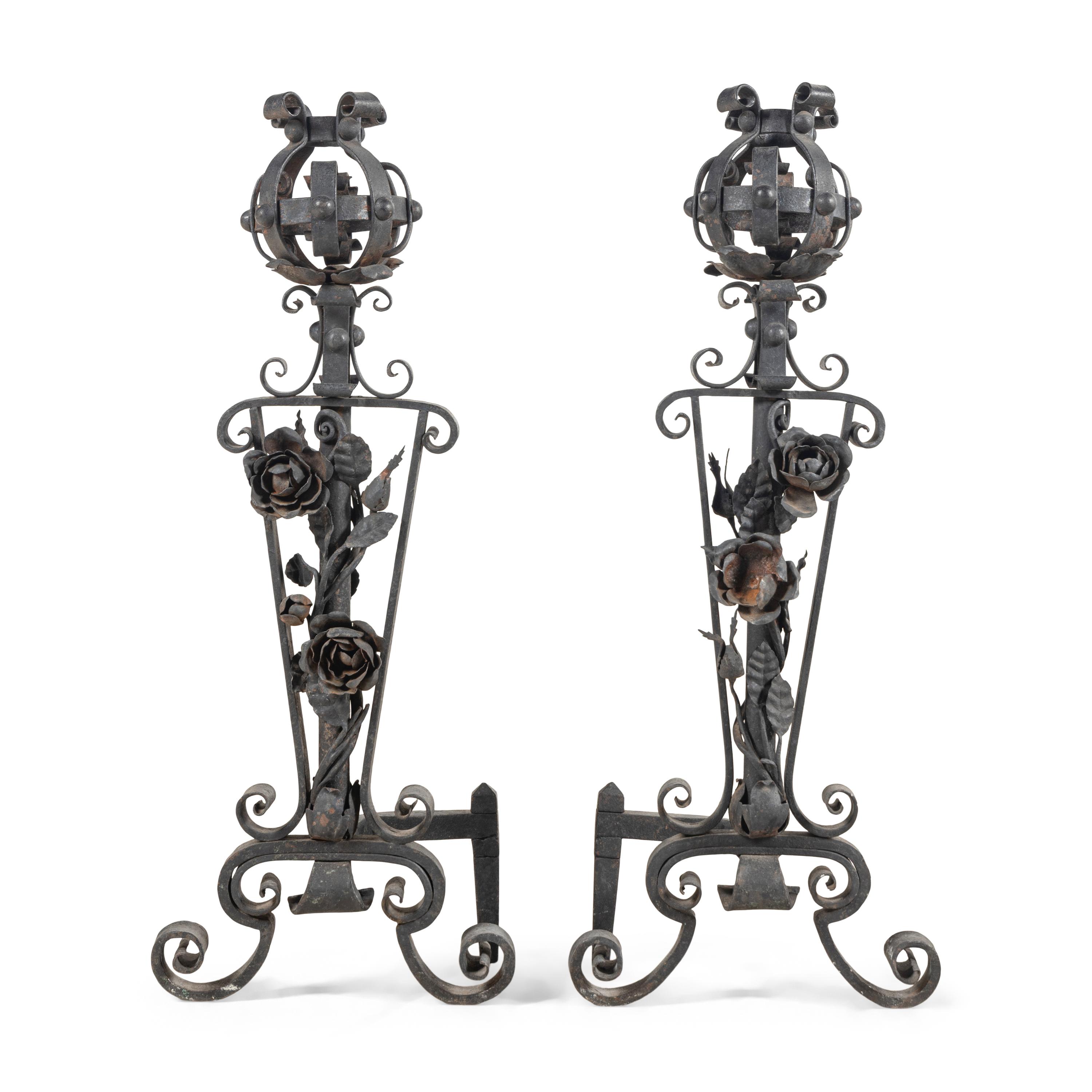 A Pair of Baroque Style Wrought Iron Andirons