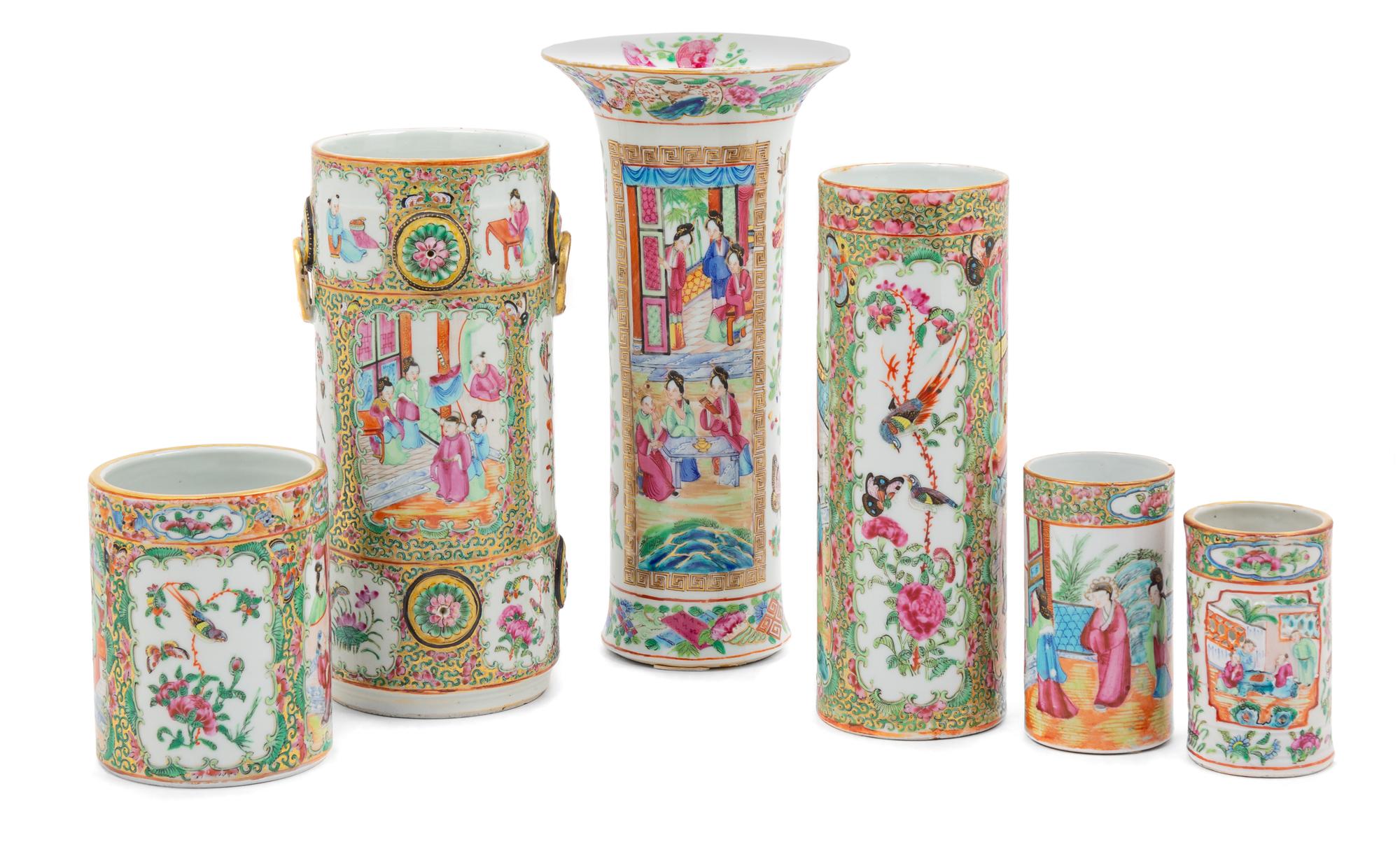 Six Chinese Export Rose Medallion Porcelain Vases Height of tallest 11 5/8 inches. — 19TH CENTURY