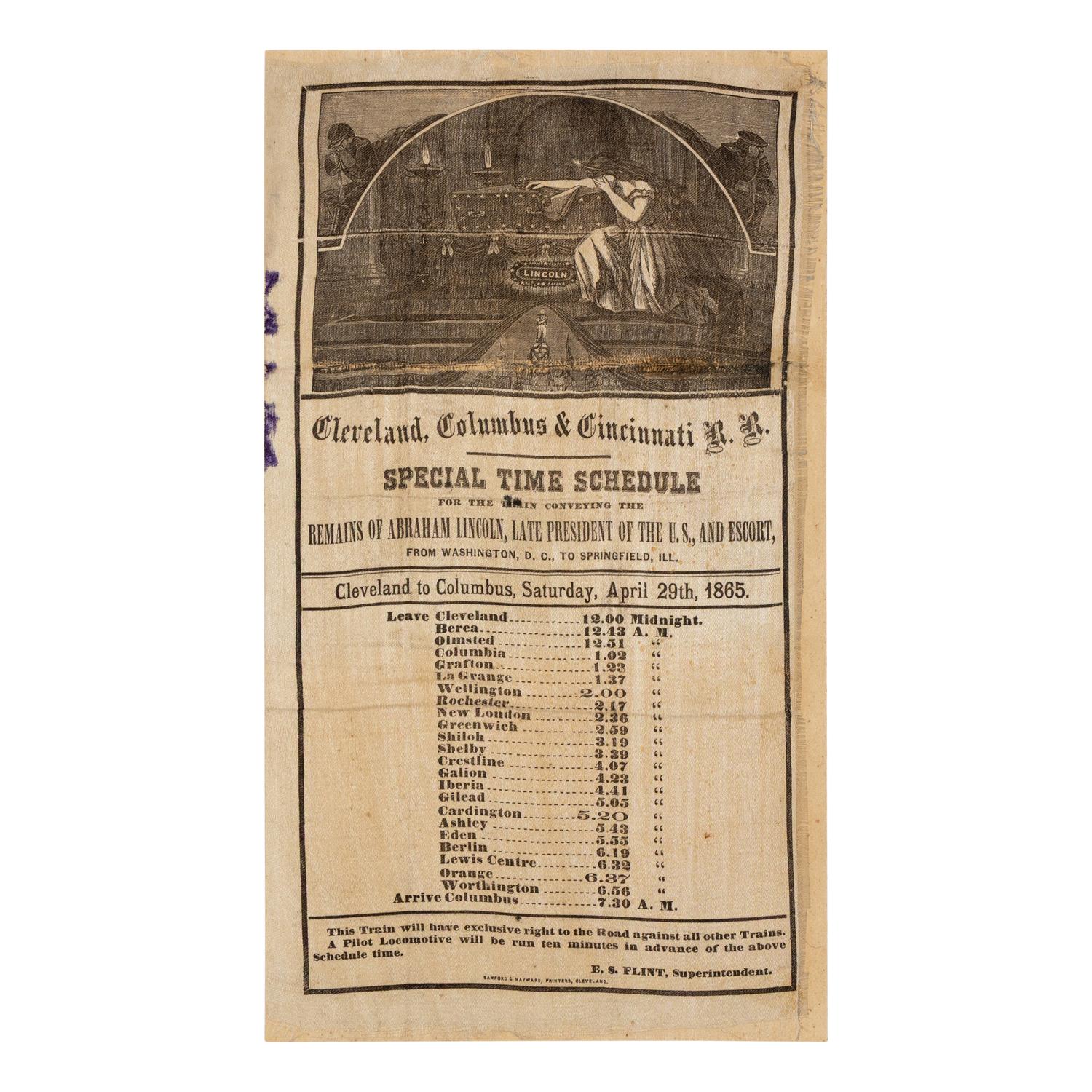 [LINCOLN FUNERAL]. Cleveland, Columbus, & Cincinnati R.R. Special Time Schedule for the Train Conveying the Remains of Abraham Lincoln... 29 April 1865.