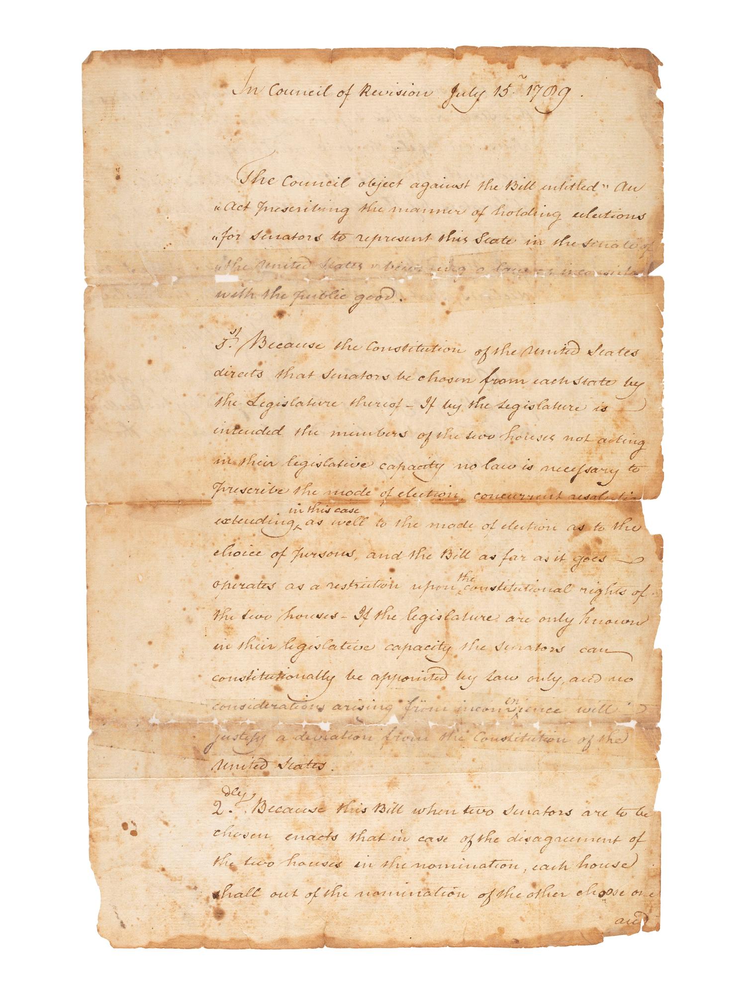 CLINTON, George (1739-1812). Council of Revision document twice-signed ("Geo. Clinton"), as Governor of New York, 15 July 1789.
