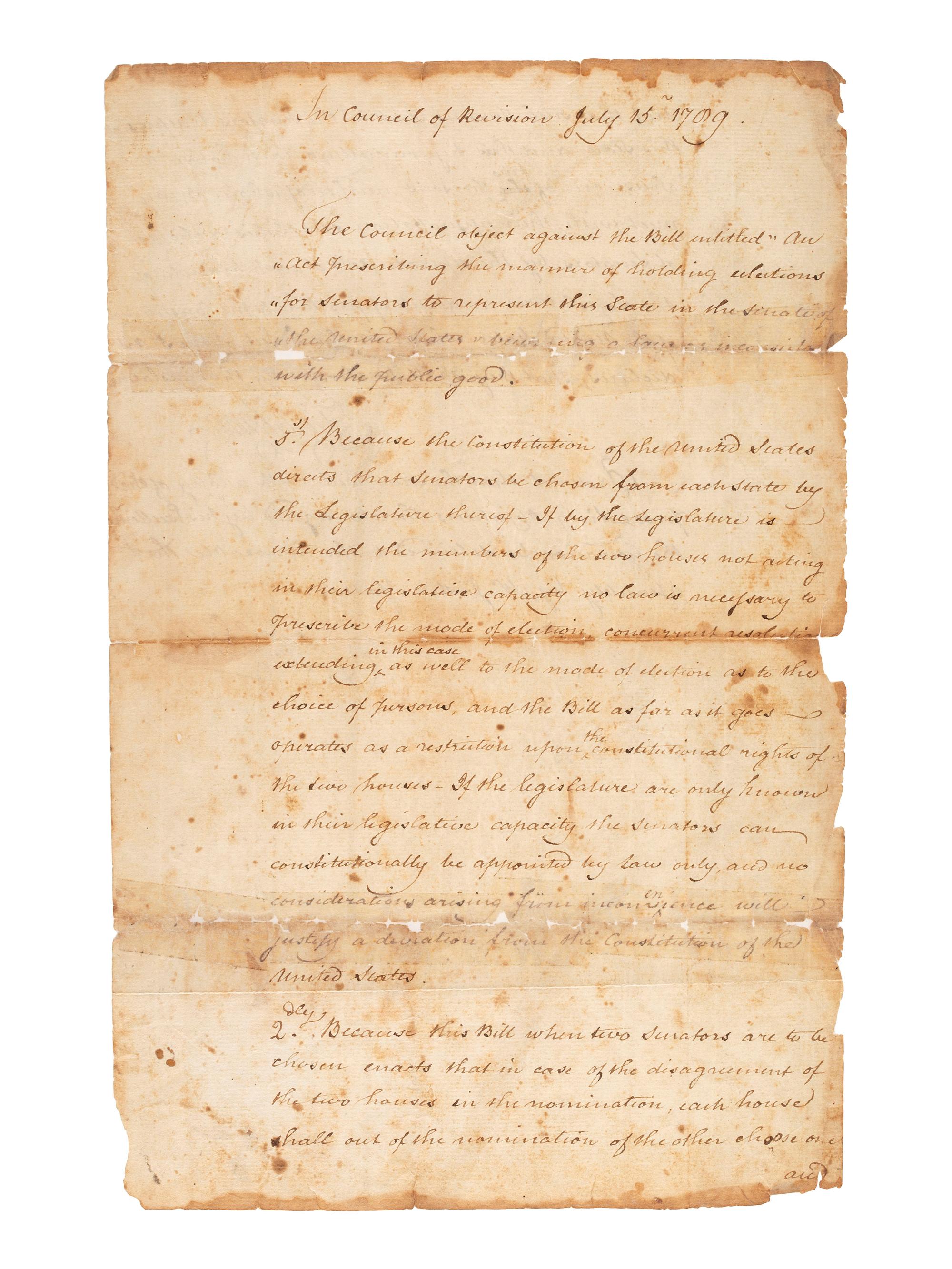 CLINTON, George (1739-1812). Council of Revision document twice-signed ("Geo. Clinton"), as Governor of New York, 15 July 1789.