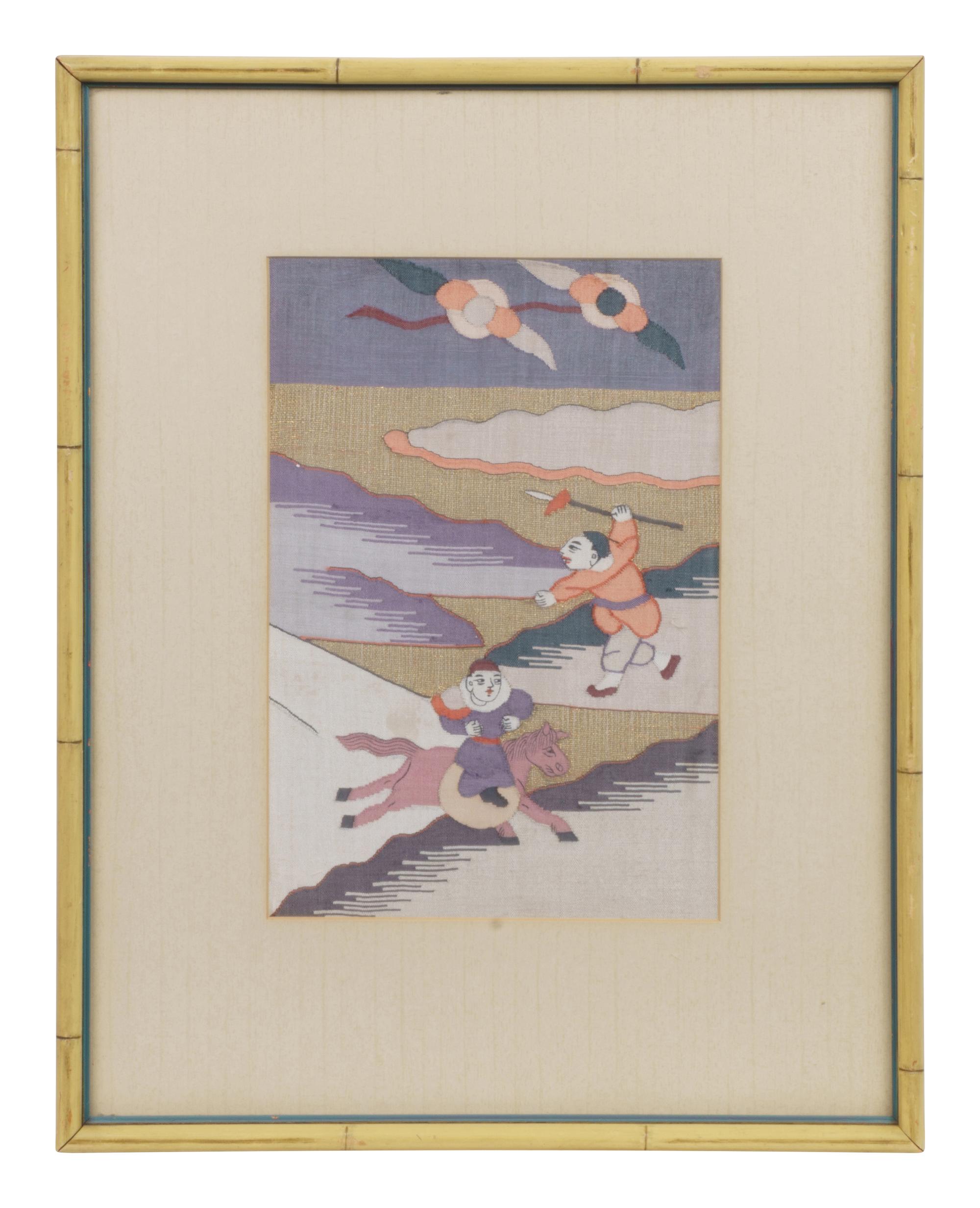 Four Cream Ground Kesi Woven and Painted Silk Panels