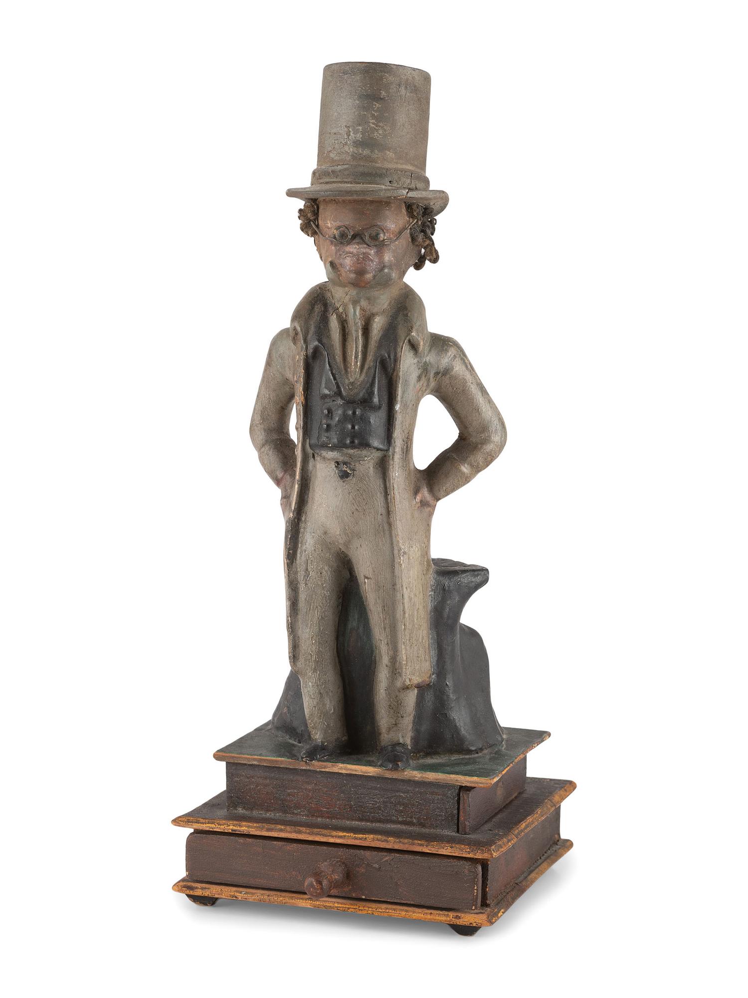 A Folk Art Carved Wood Elderly Gent Match Holder