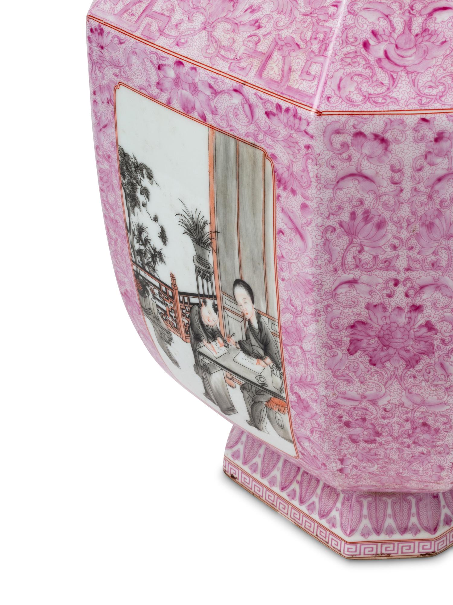 A Pair of Chinese Pink-Ground Porcelain and Grisaille Enamel Vases