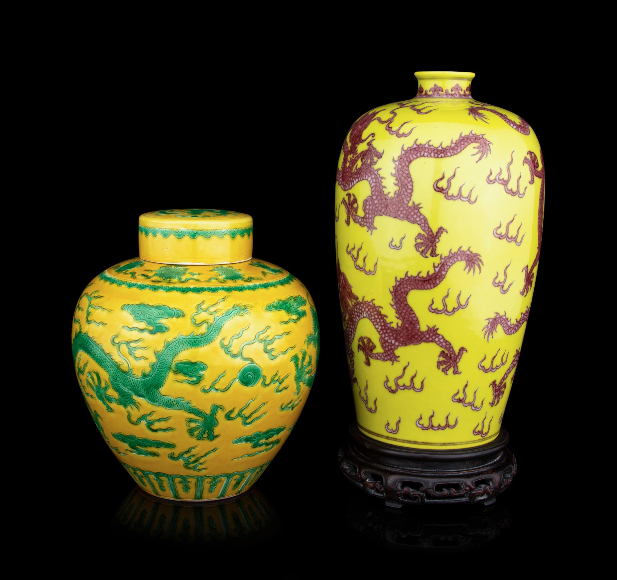 Two Chinese Yellow-Ground Famille Rose Porcelain 'Dragon' Vessels