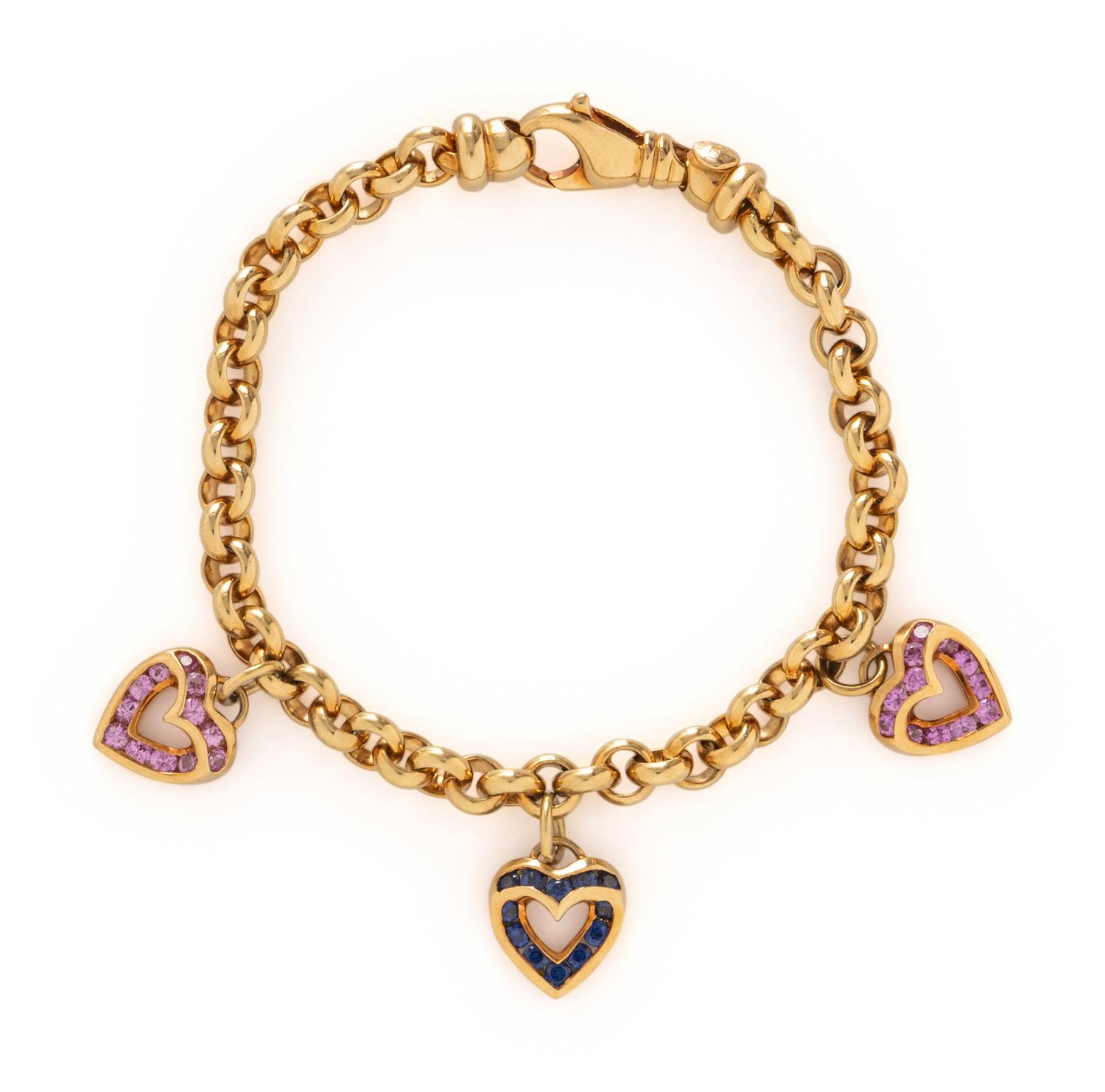 YELLOW GOLD AND MULTIGEM HEART CHARM NECKLACE AND BRACELET