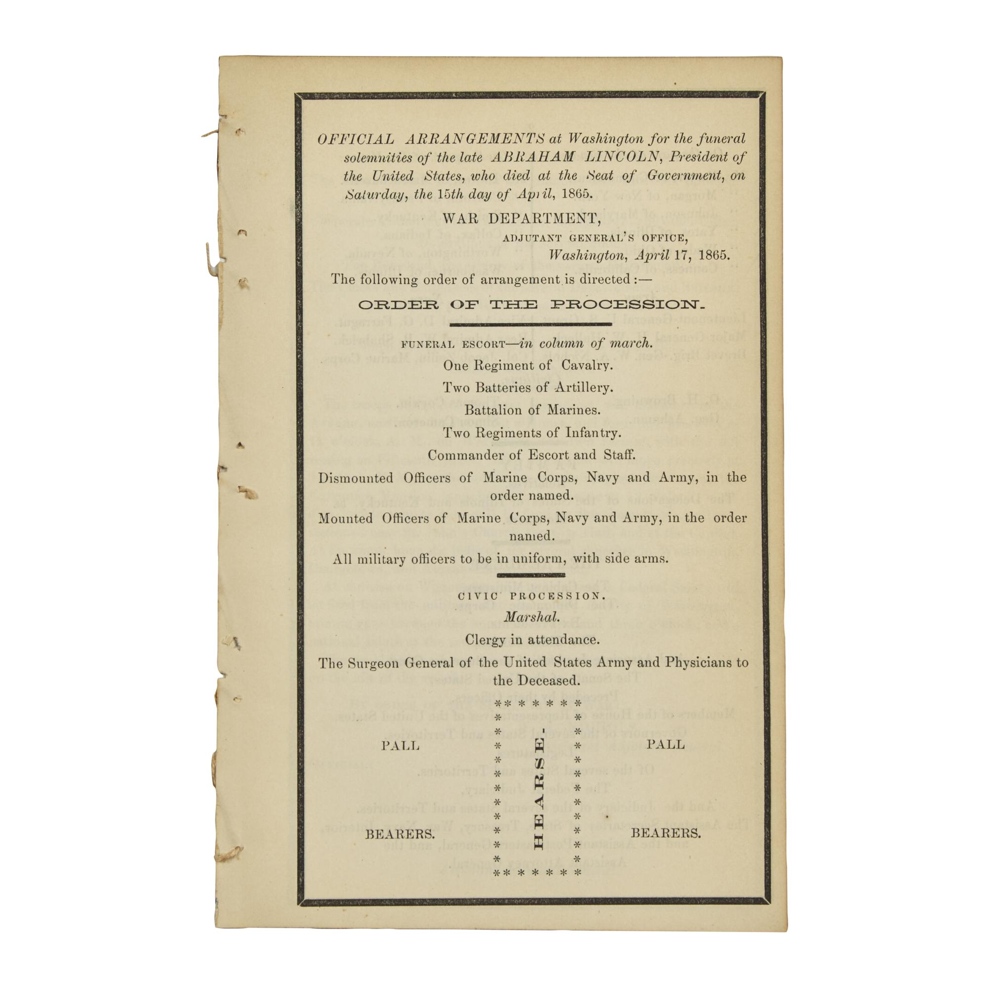 [Lincoln, Abraham] Abraham Lincoln Funeral Program with Order of Procession for Washington, D.C., April 17, 1865