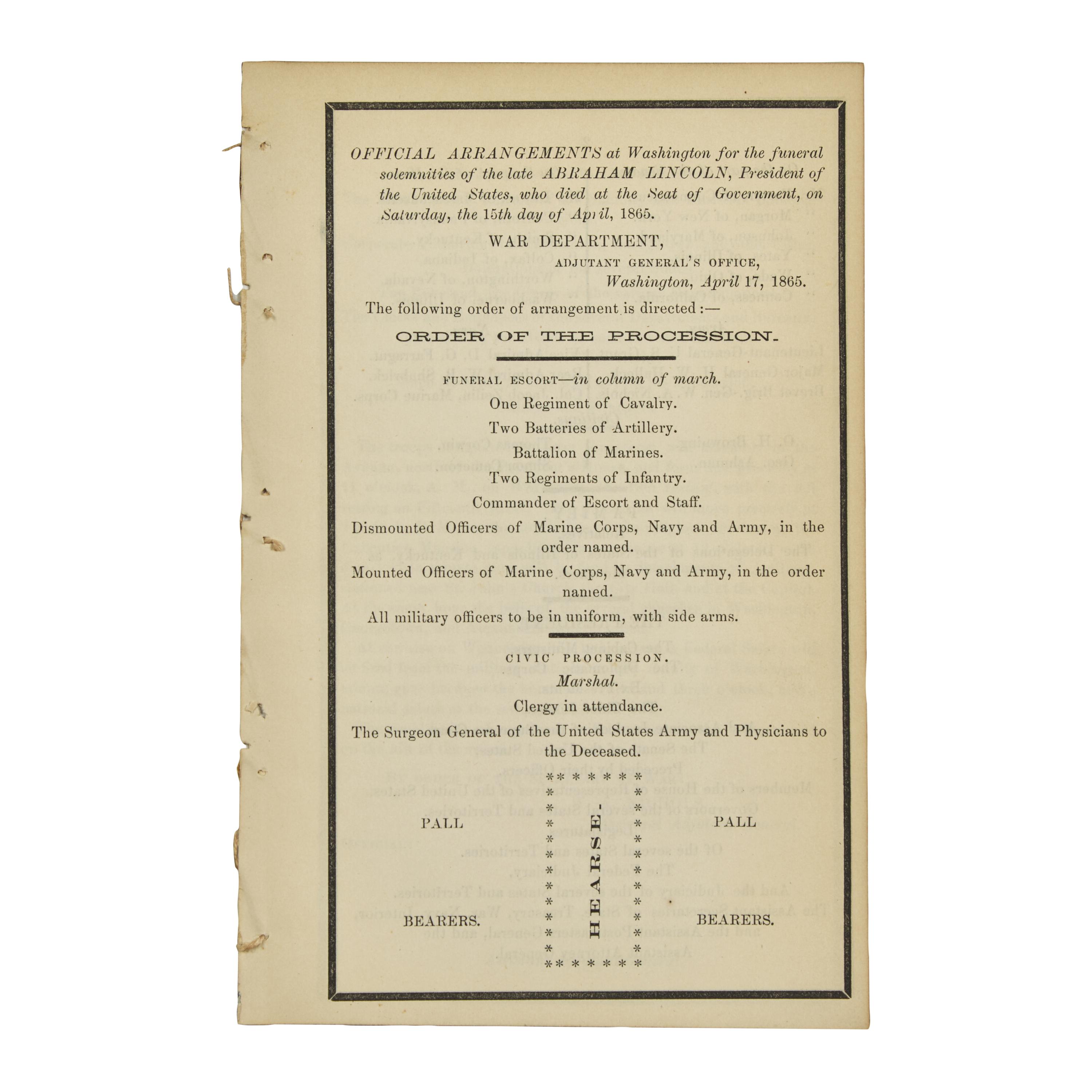 [Lincoln, Abraham] Abraham Lincoln Funeral Program with Order of Procession for Washington, D.C., April 17, 1865