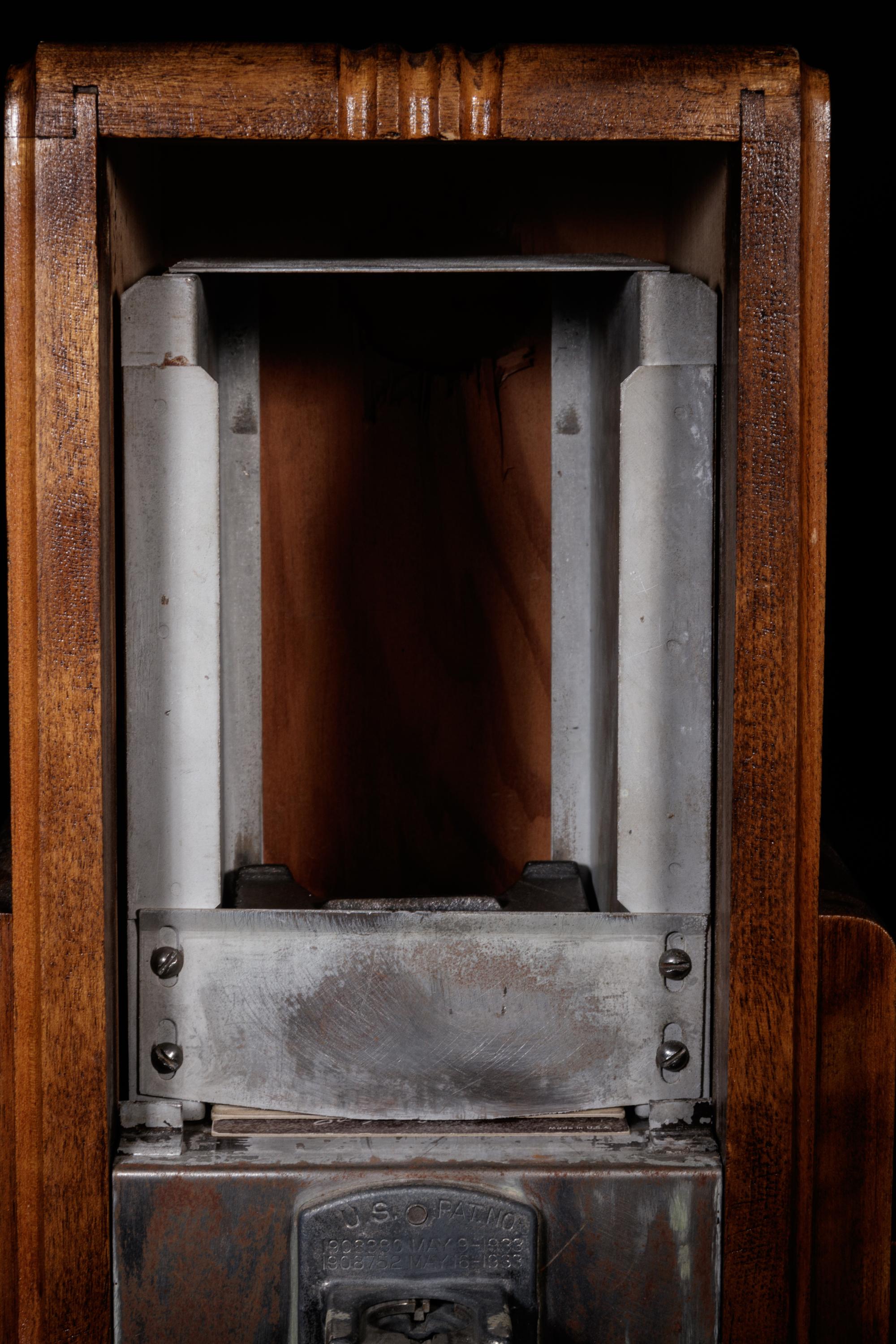 A Unique 10 Cent Exhibit Card Vending Machine with Mickey Mantle Card in Window and 18 Additional Baseball Cards