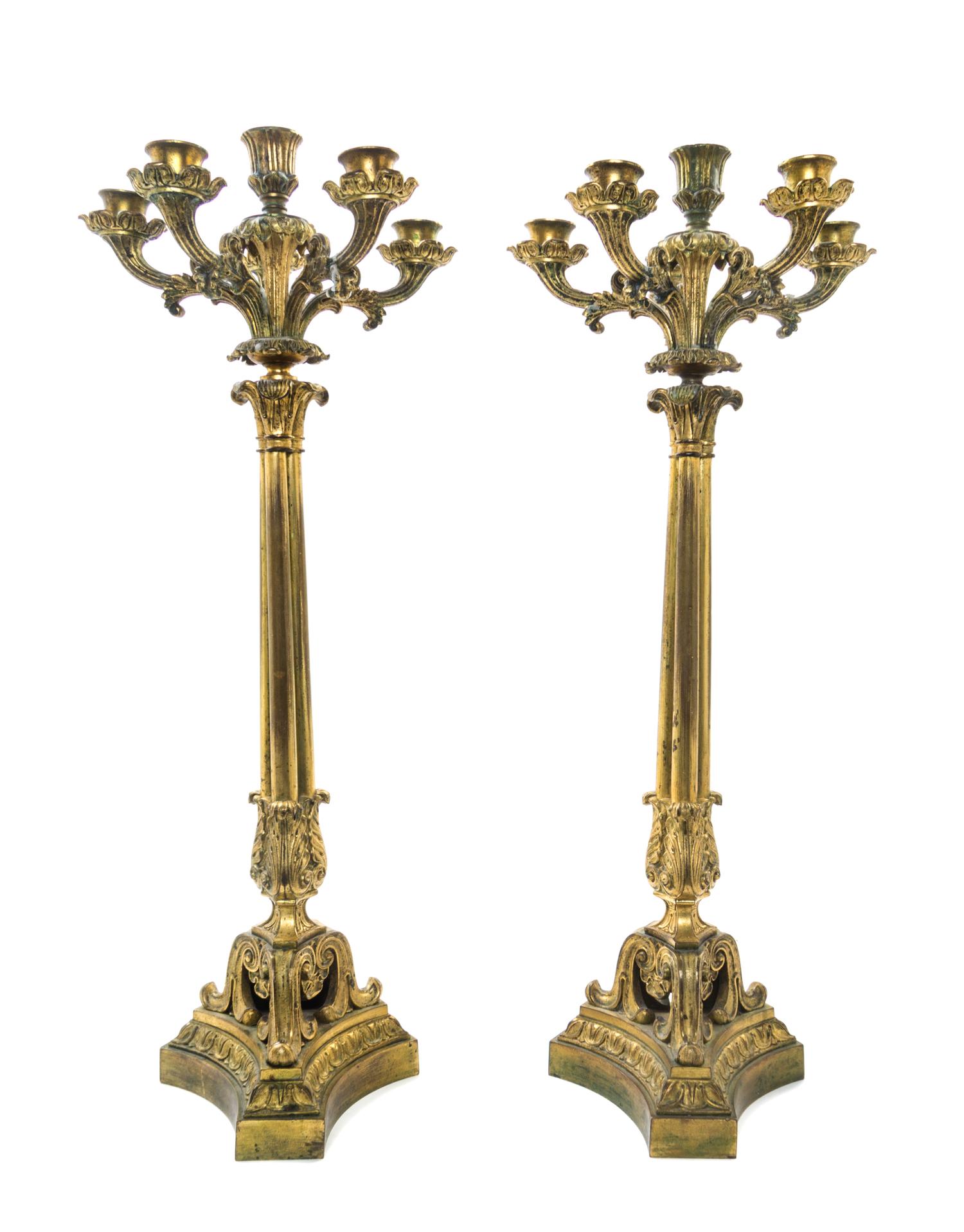 A Pair of Continental Gilt Bronze Six-Light Candelabra Height 23 1/2 inches. — 19TH CENTURY