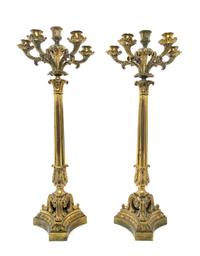 A Pair of Continental Gilt Bronze Six-Light Candelabra Height 23 1/2 inches. — 19TH CENTURY