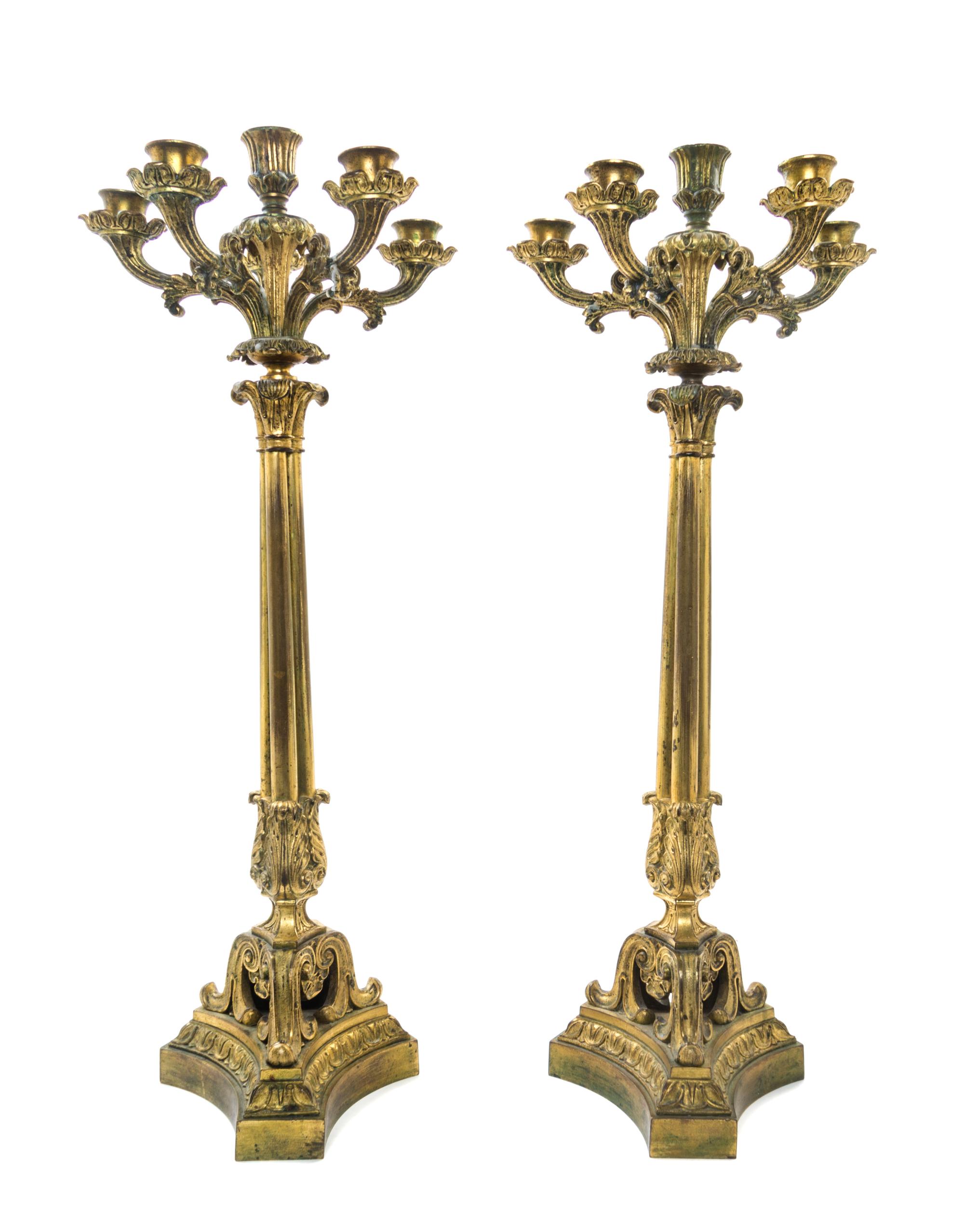 A Pair of Continental Gilt Bronze Six-Light Candelabra Height 23 1/2 inches. — 19TH CENTURY