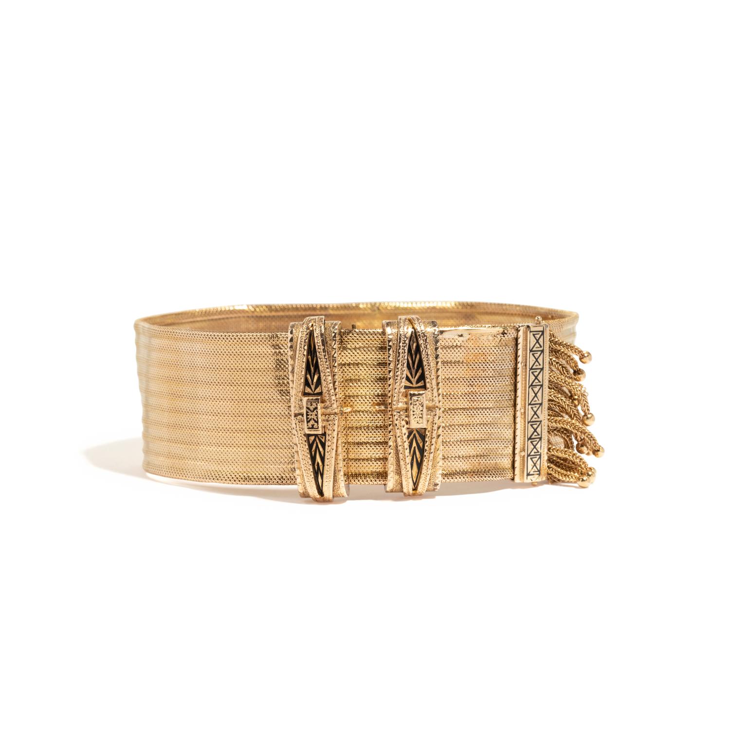 VICTORIAN, YELLOW GOLD AND ENAMEL TASSEL BRACELET