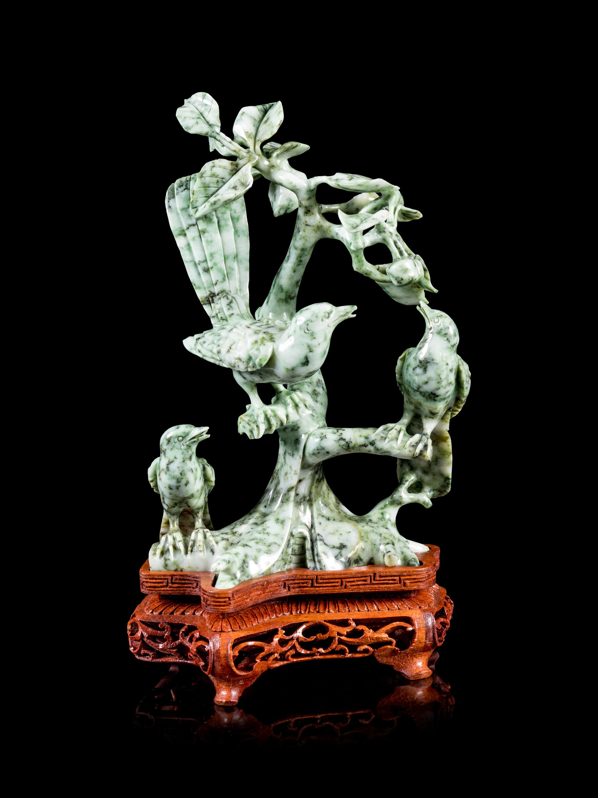 Two Chinese Green and Celadon Jadeite Figural Group of Birds