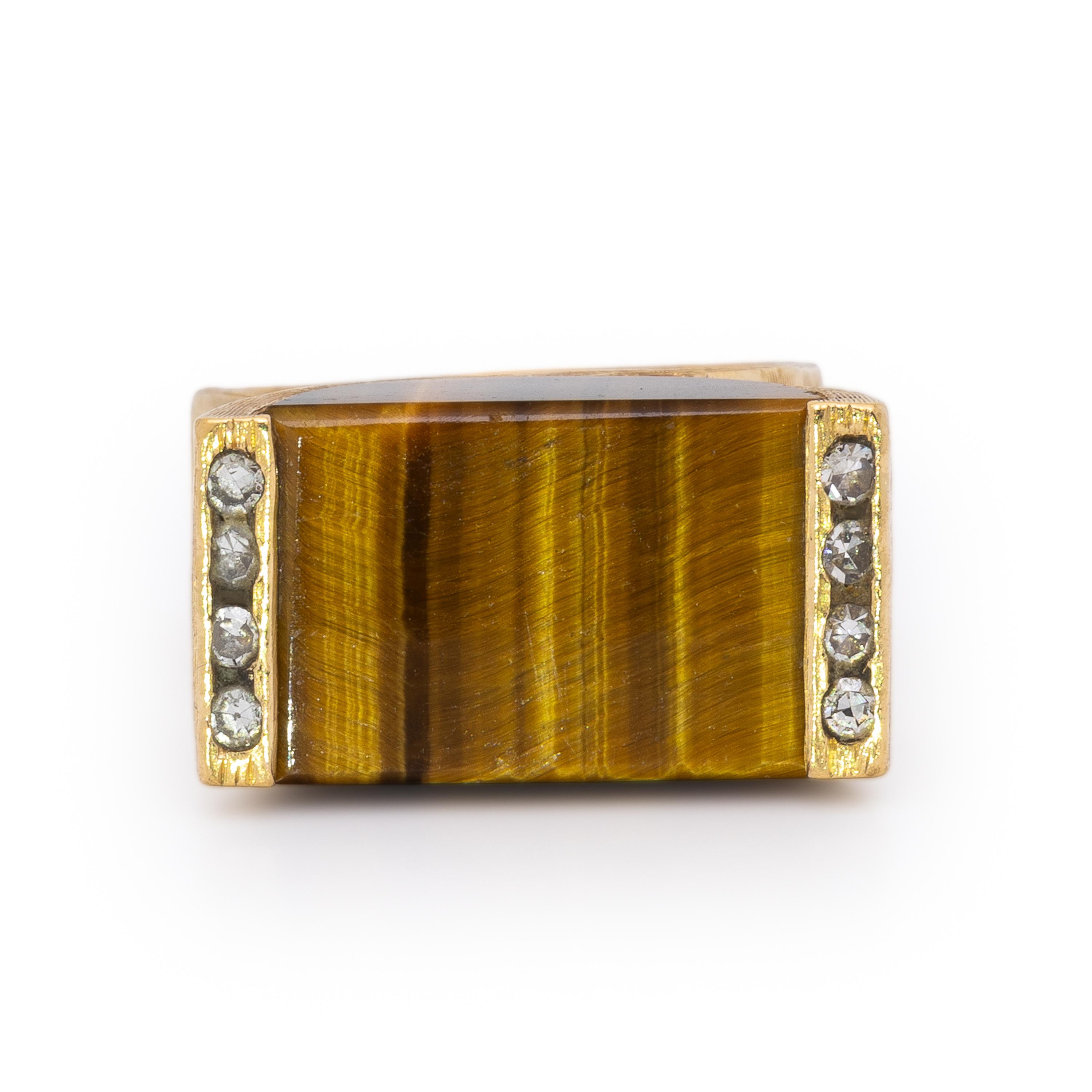 Tiger's Eye, Diamond, and Yellow Gold Ring