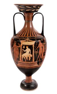 An Apulian Red-Figured Amphora Height 29 1/2 x diameter 12 inches. — CIRCA 300 B.C.E.