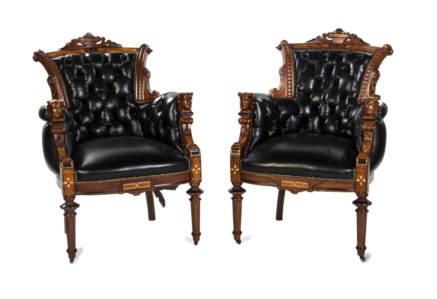 A Pair of American Victorian Gilt and Black Lacquered Burlwood Armchairs, Height 41 1/2 inches.