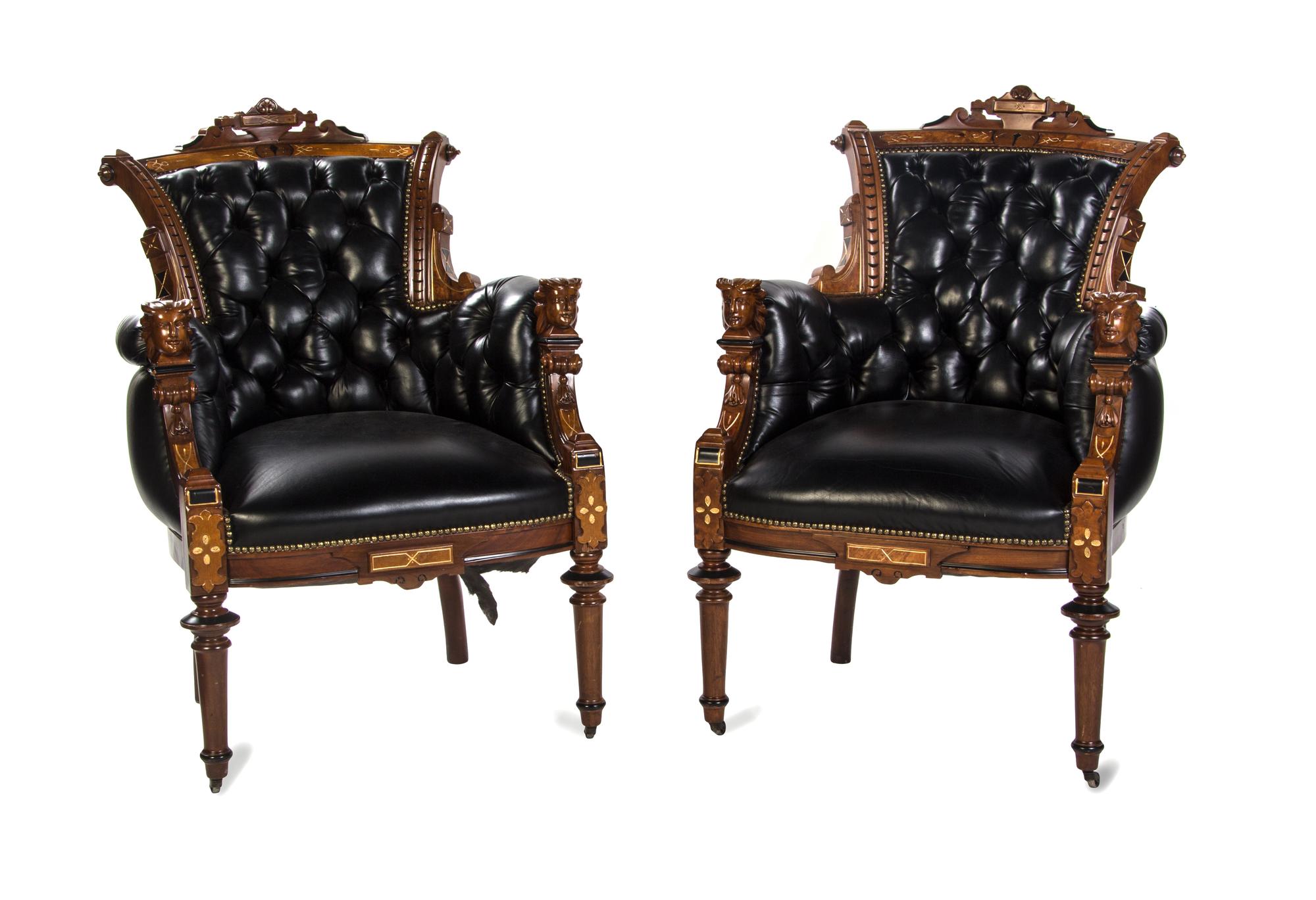 A Pair of American Victorian Gilt and Black Lacquered Burlwood Armchairs, Height 41 1/2 inches.