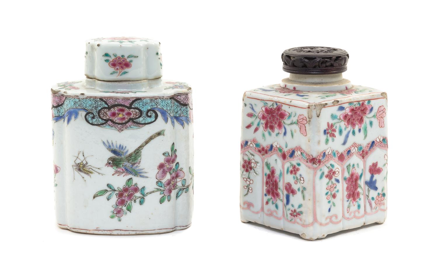Two Chinese Export Porcelain Covered Tea Caddies Height of first 4 3/8 inches.