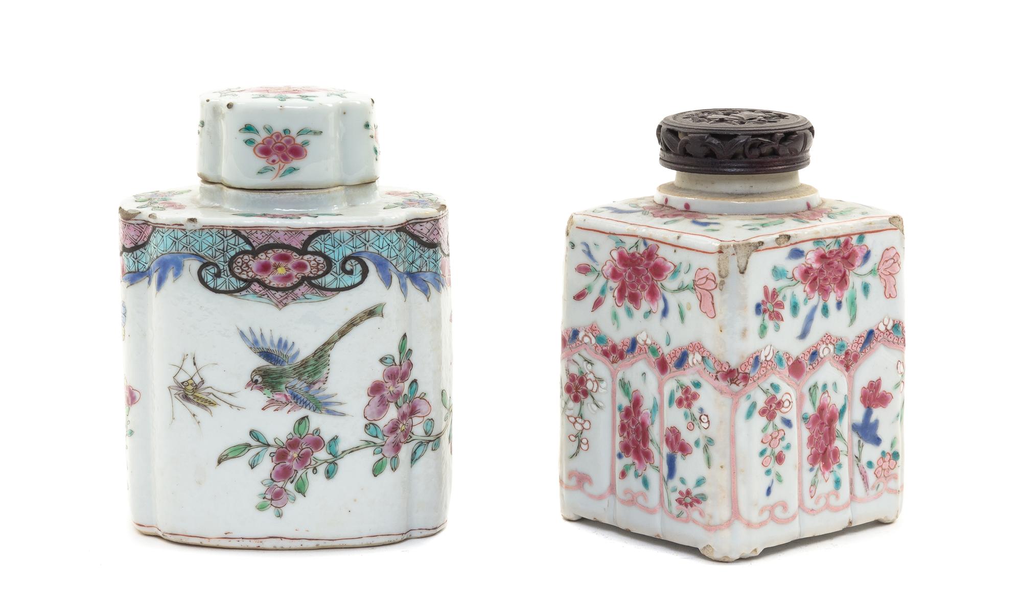 Two Chinese Export Porcelain Covered Tea Caddies Height of first 4 3/8 inches.