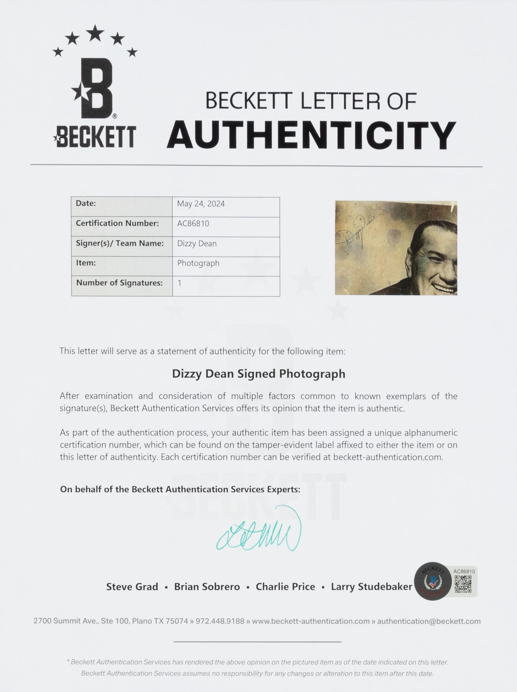 A Dizzy Dean Signed Autograph Photo (Beckett Authentication Services)