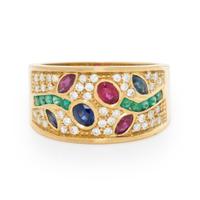 DIAMOND, RUBY, SAPPHIRE, EMERALD, AND YELLOW GOLD RING