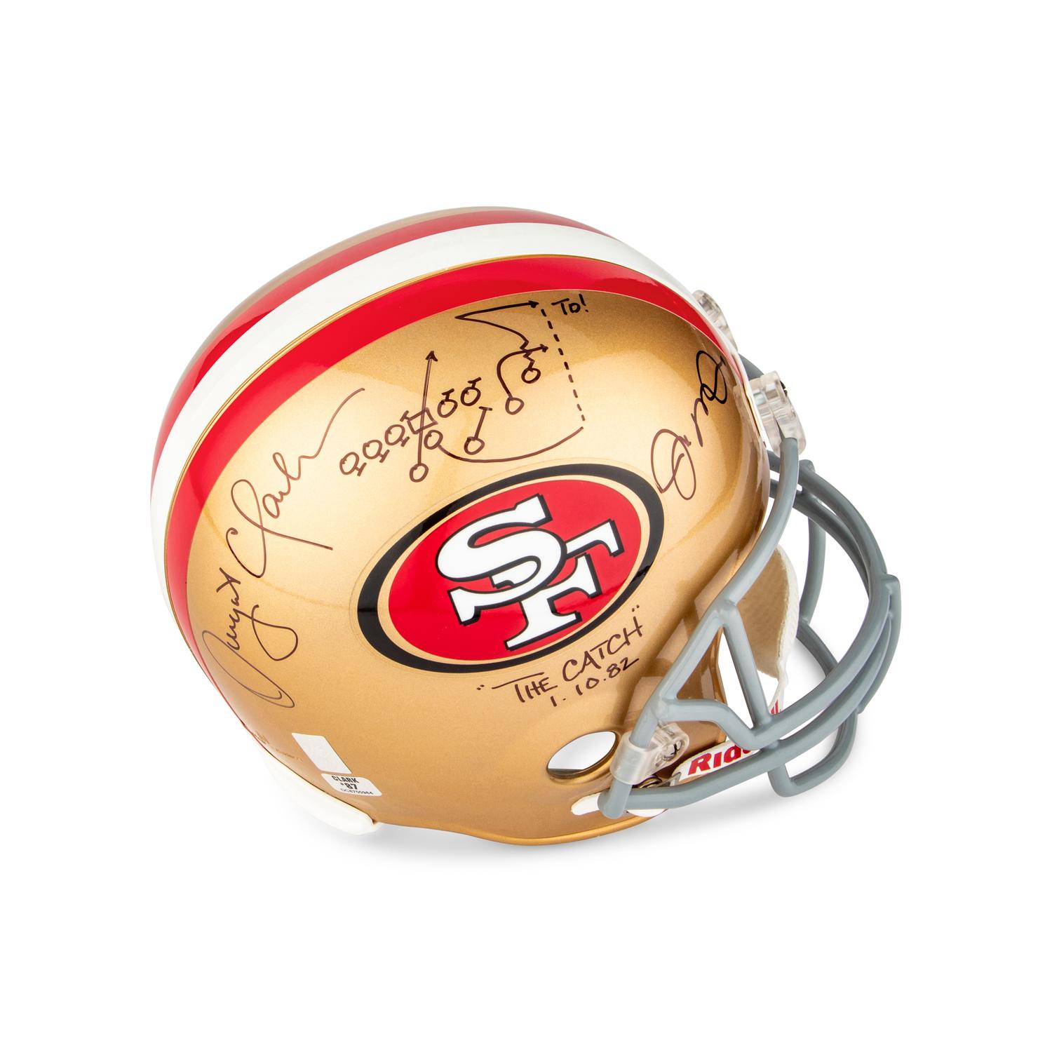A Joe Montana and Dwight Clark Dual Signed Autograph San Francisco 49ers Full Size Helmet — With "The Catch" Diagram Drawn by Clark