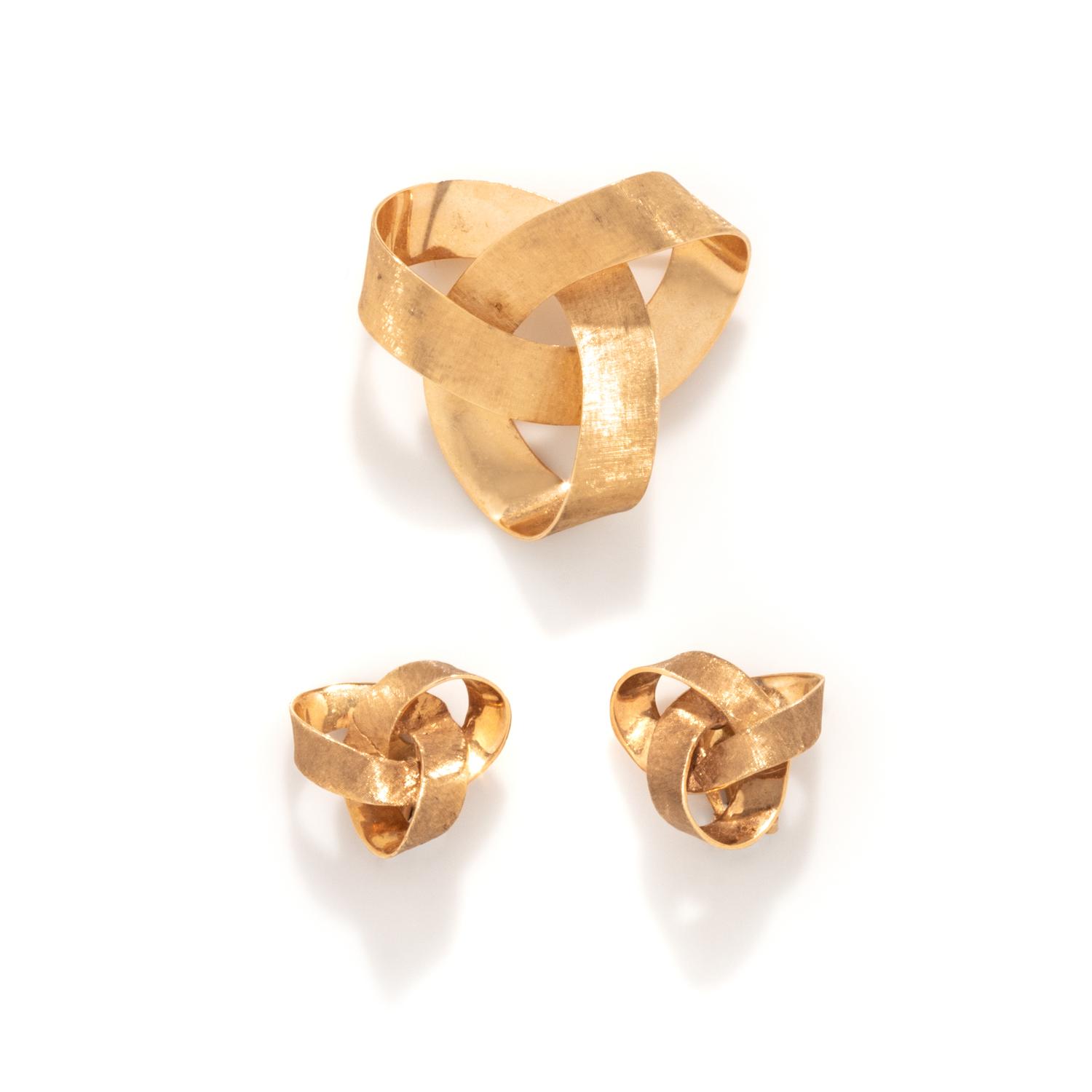 YELLOW GOLD KNOT BROOCH AND EARRINGS