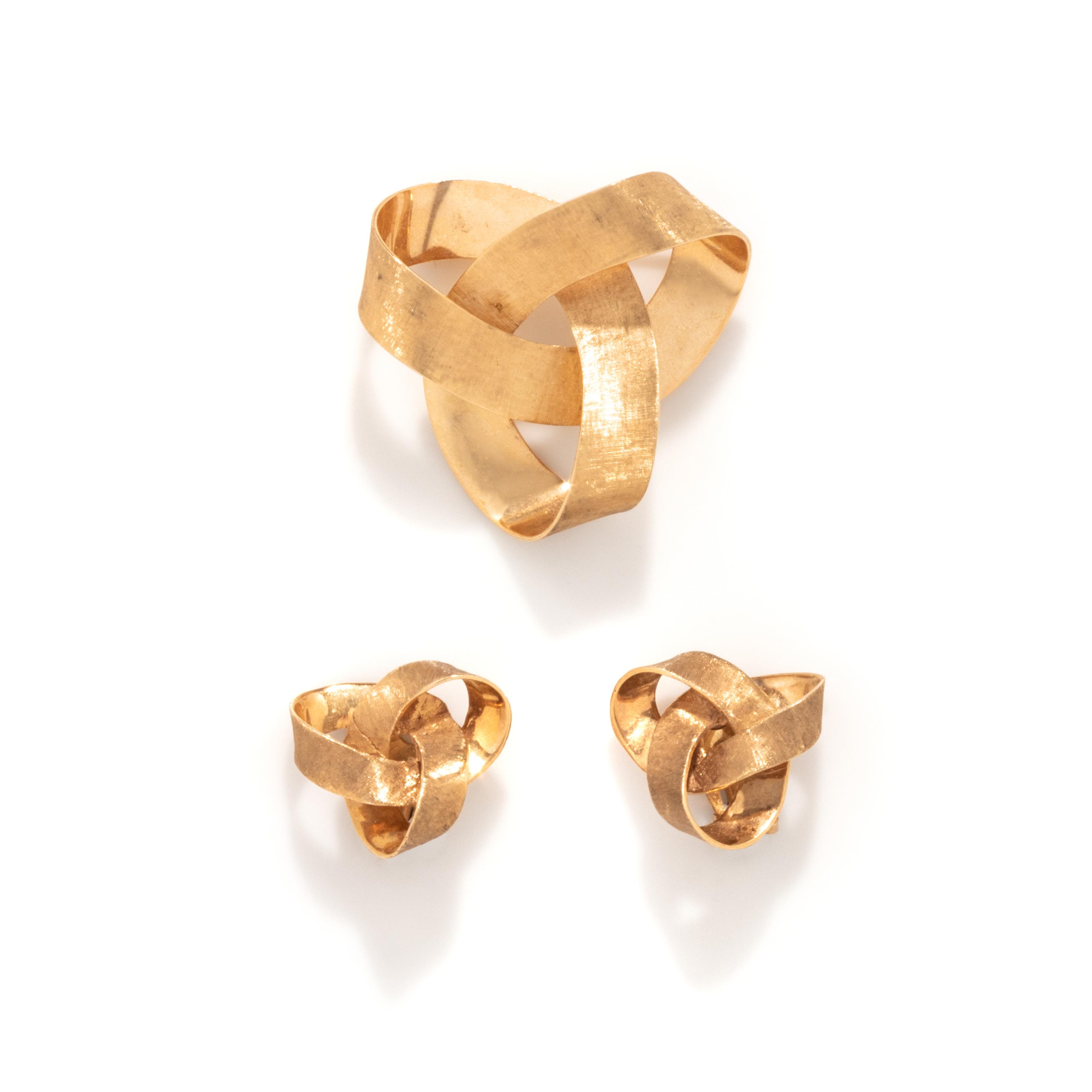 YELLOW GOLD KNOT BROOCH AND EARRINGS