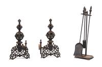 A Pair of Neoclassical Wrought Iron Andirons, Height of first 22 inches.