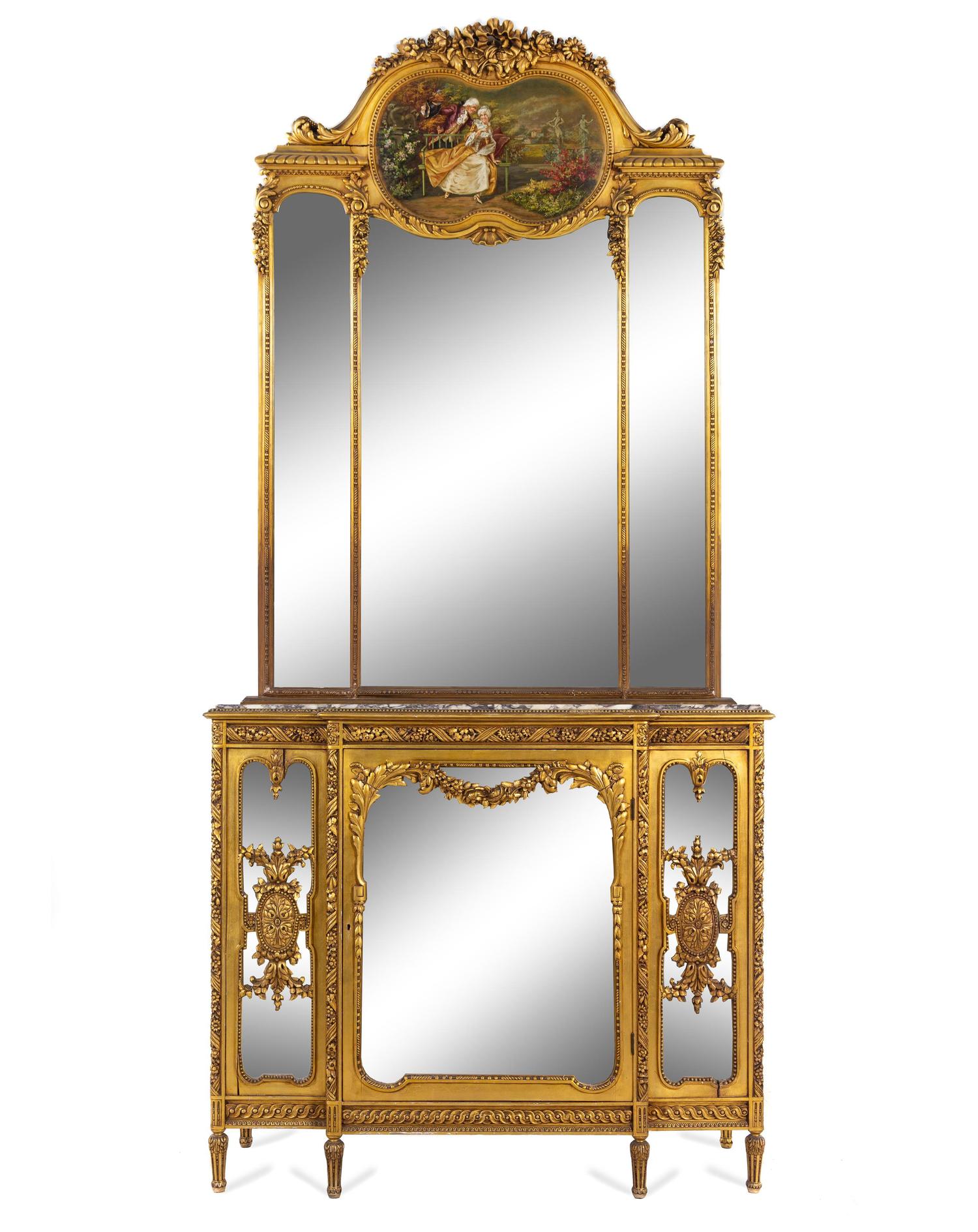 A Louis XVI Style Giltwood Vitrine Cabinet and Trumeau Mirror