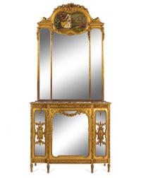 A Louis XVI Style Giltwood Vitrine Cabinet and Trumeau Mirror