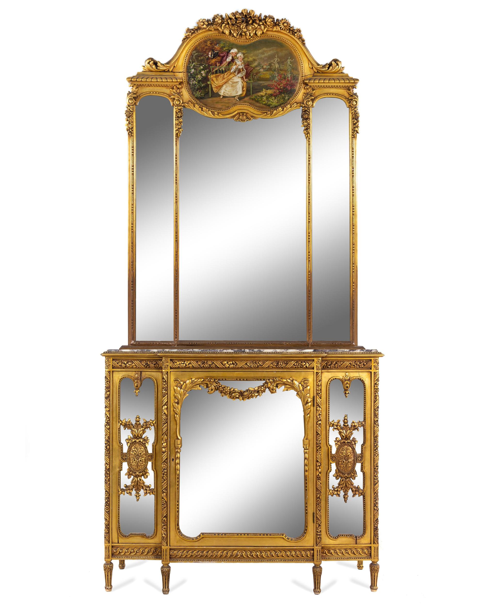 A Louis XVI Style Giltwood Vitrine Cabinet and Trumeau Mirror