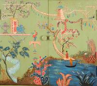 A Louis XVI Style Painted and Parcel Gilt Chinoiserie Decorated Cabinet on Stand