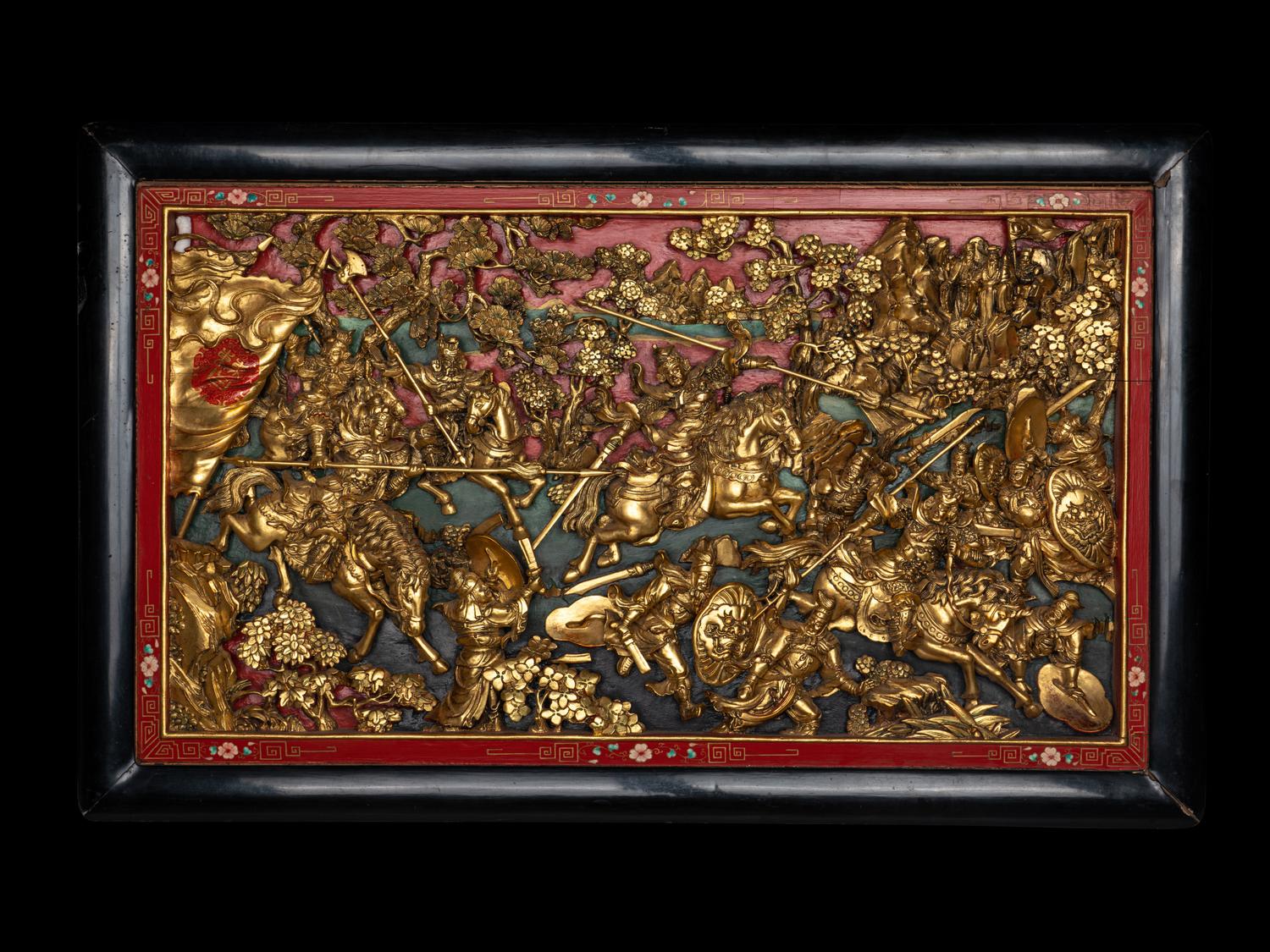 A Large Chinese Gilt and Red Wood Panel