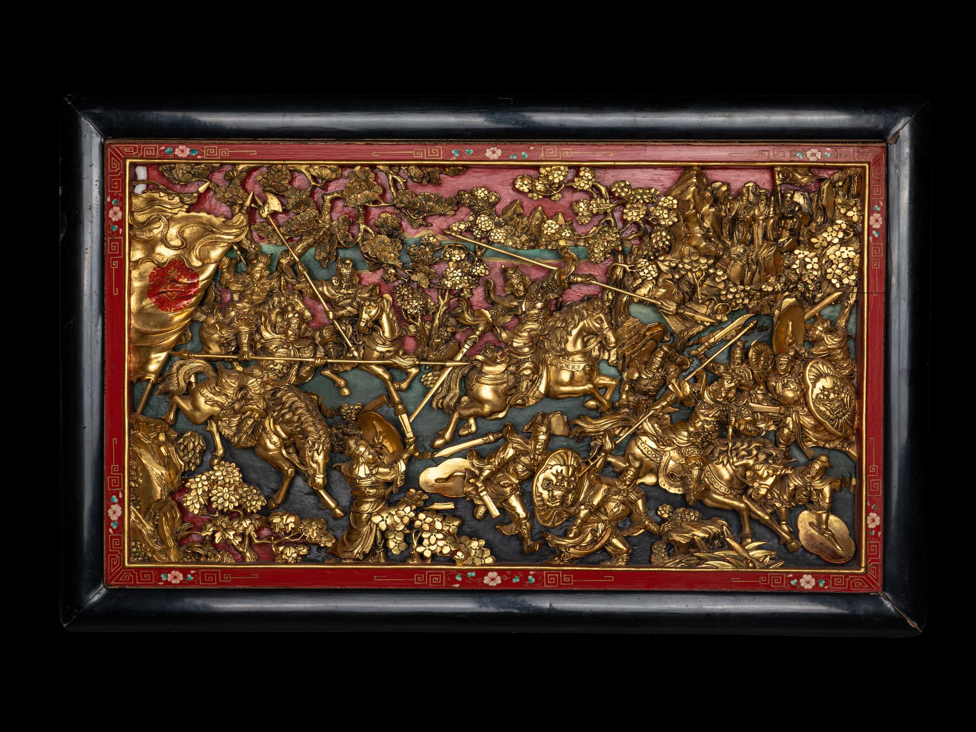 A Large Chinese Gilt and Red Wood Panel