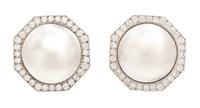 A Pair of Platinum, 18 Karat White Gold, Mabe Pearl and Diamond Earclips, David Webb, 14.60 dwts.