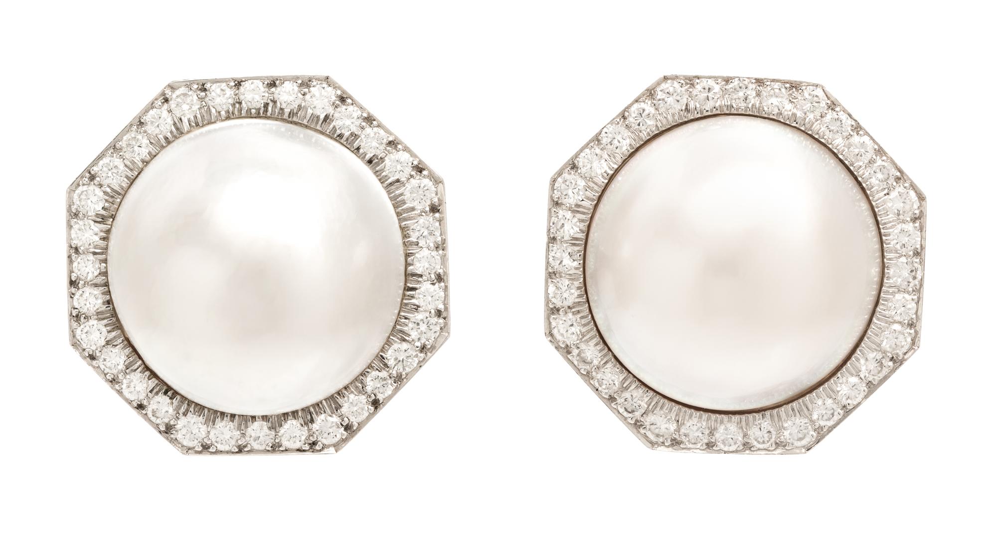 A Pair of Platinum, 18 Karat White Gold, Mabe Pearl and Diamond Earclips, David Webb, 14.60 dwts.