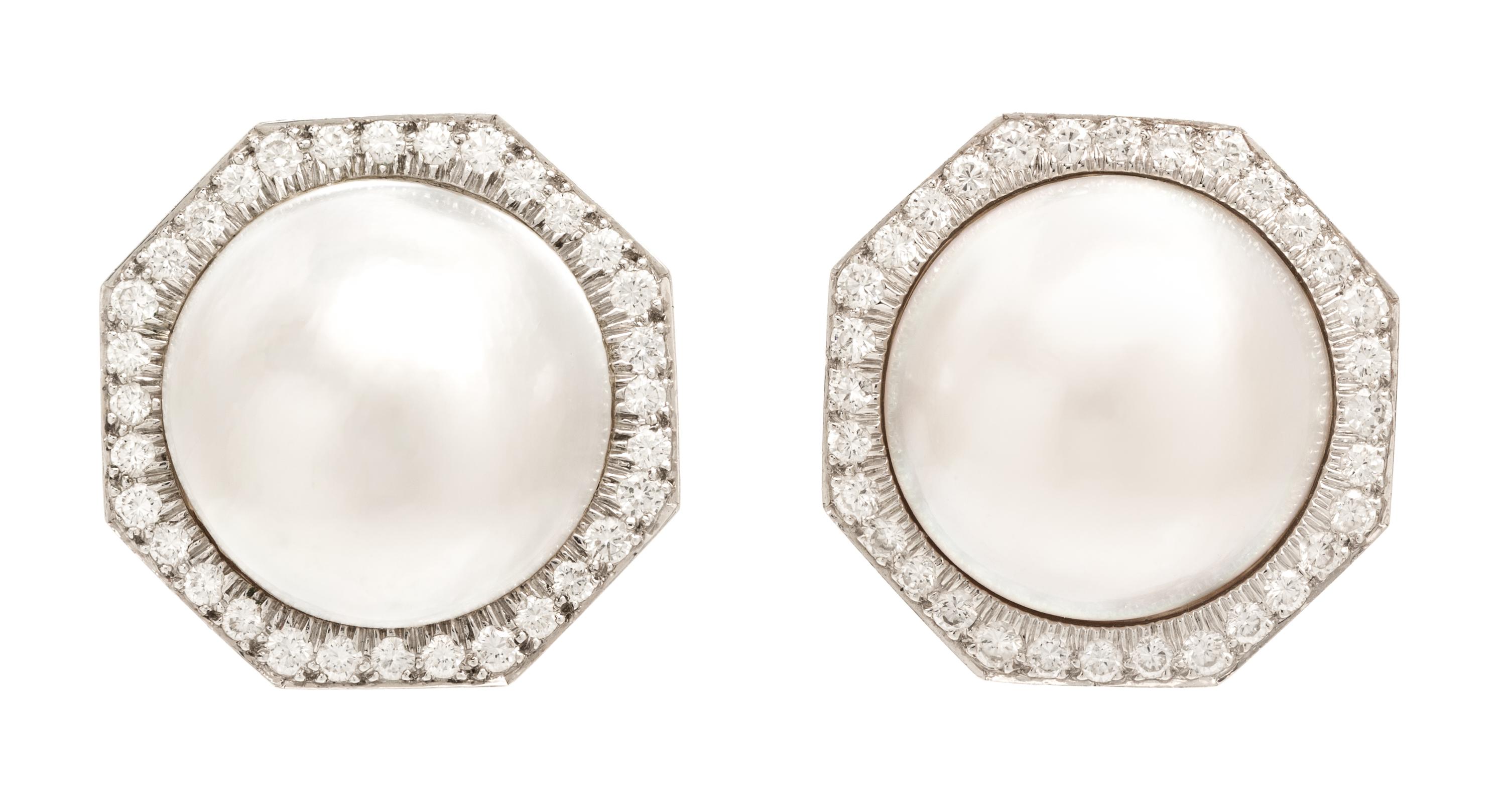 A Pair of Platinum, 18 Karat White Gold, Mabe Pearl and Diamond Earclips, David Webb, 14.60 dwts.