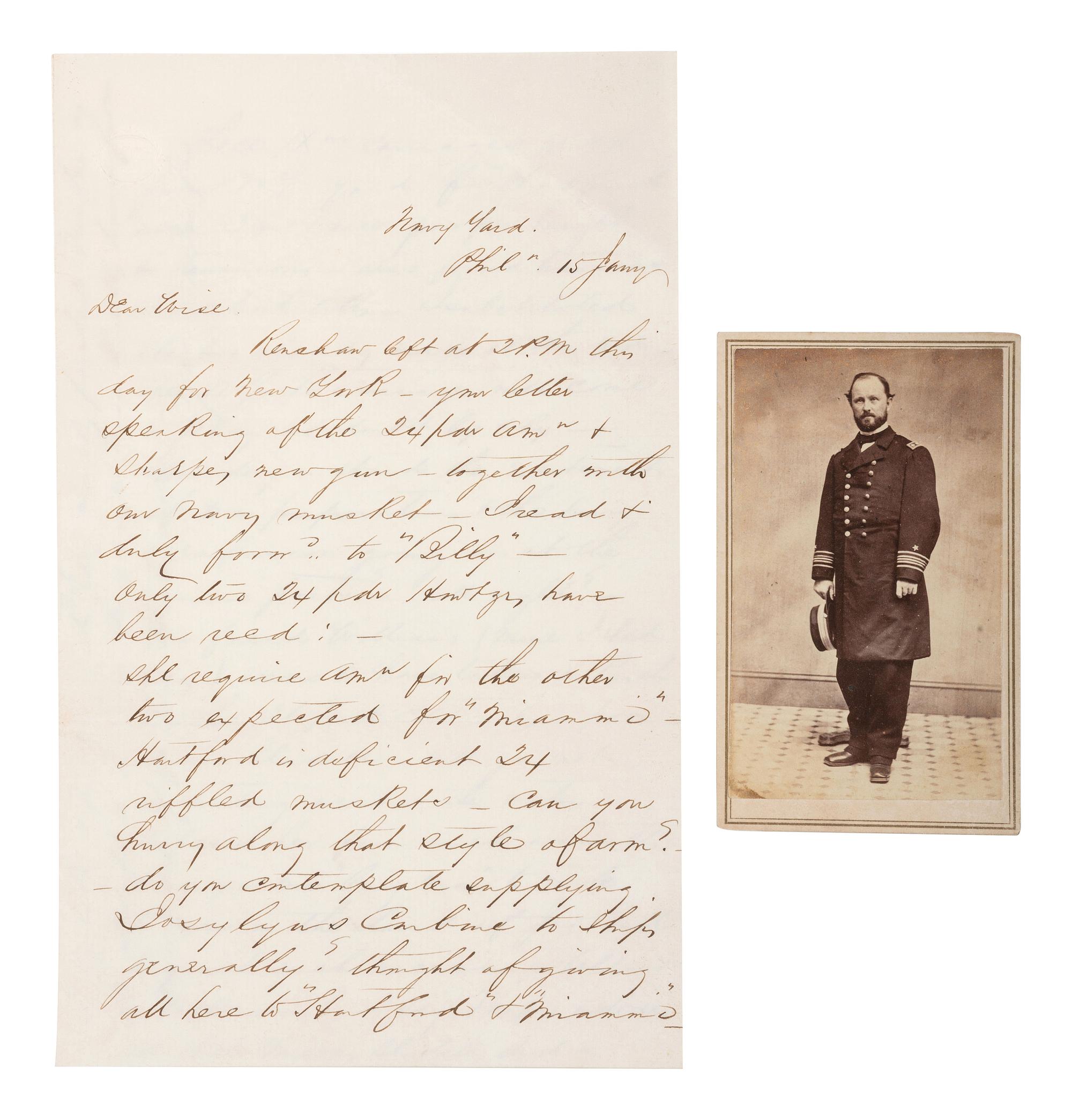 [CIVIL WAR - NAVY]. FAIRFAX, Lt. Donald McNeill (1818-1894). Autograph letter signed ("D.M. Fairfax"), in which Fairfax discusses his role in the Trent Affair, with full-length CDV portrait of Fairfax in uniform.