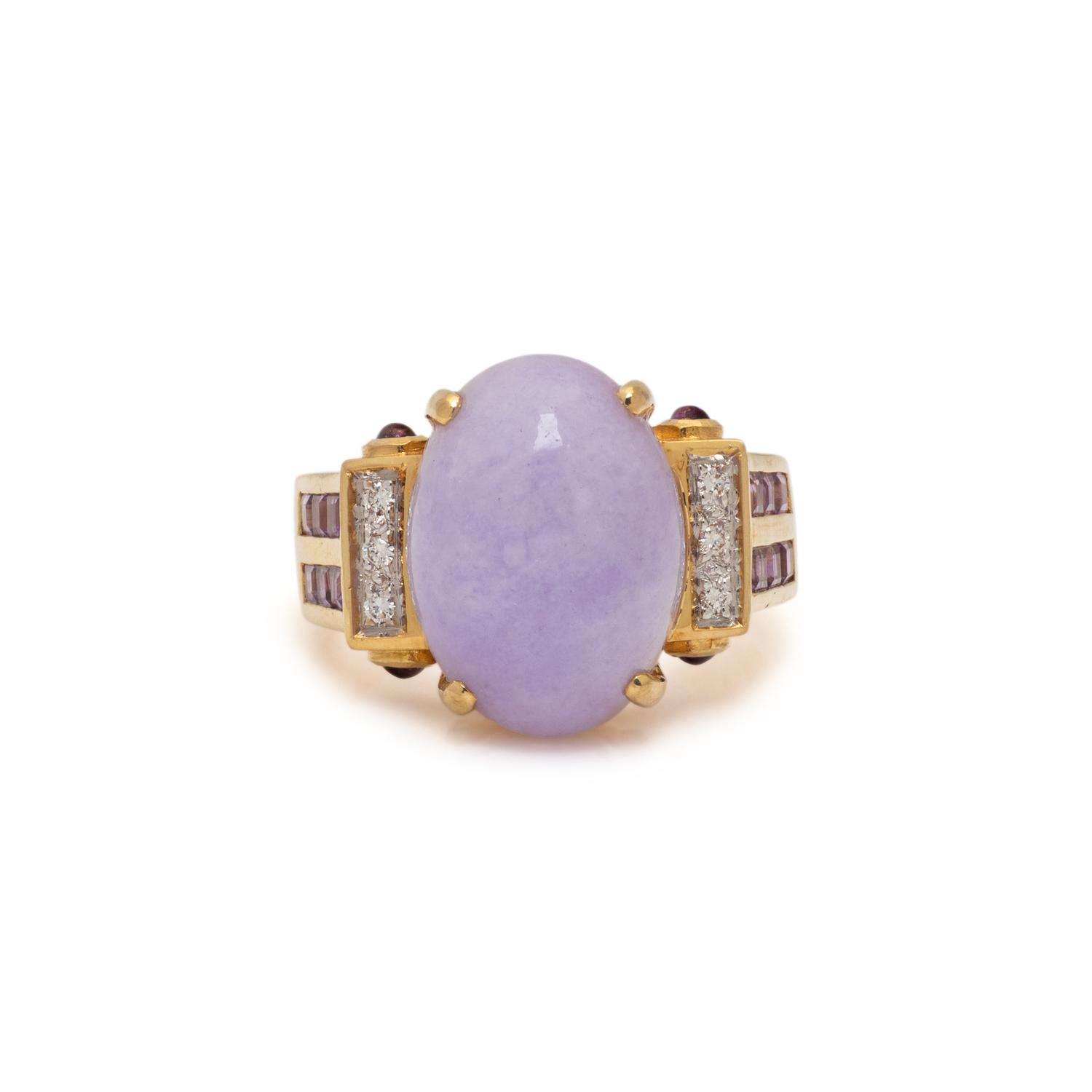 DYED LAVENDER JADE, AMETHYST, AND DIAMOND RING