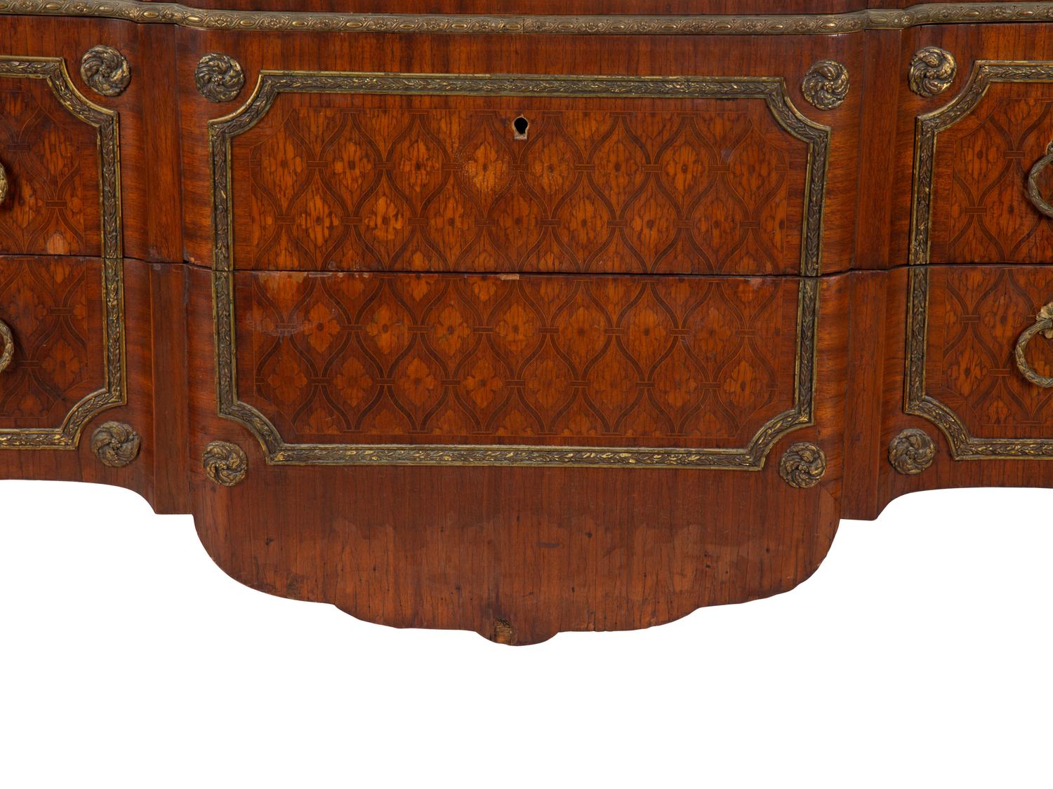 A Louis XVI Style Marquetry, Gilt Bronze and Marble Top Three-Drawer Commode — LATE 19TH CENTURY