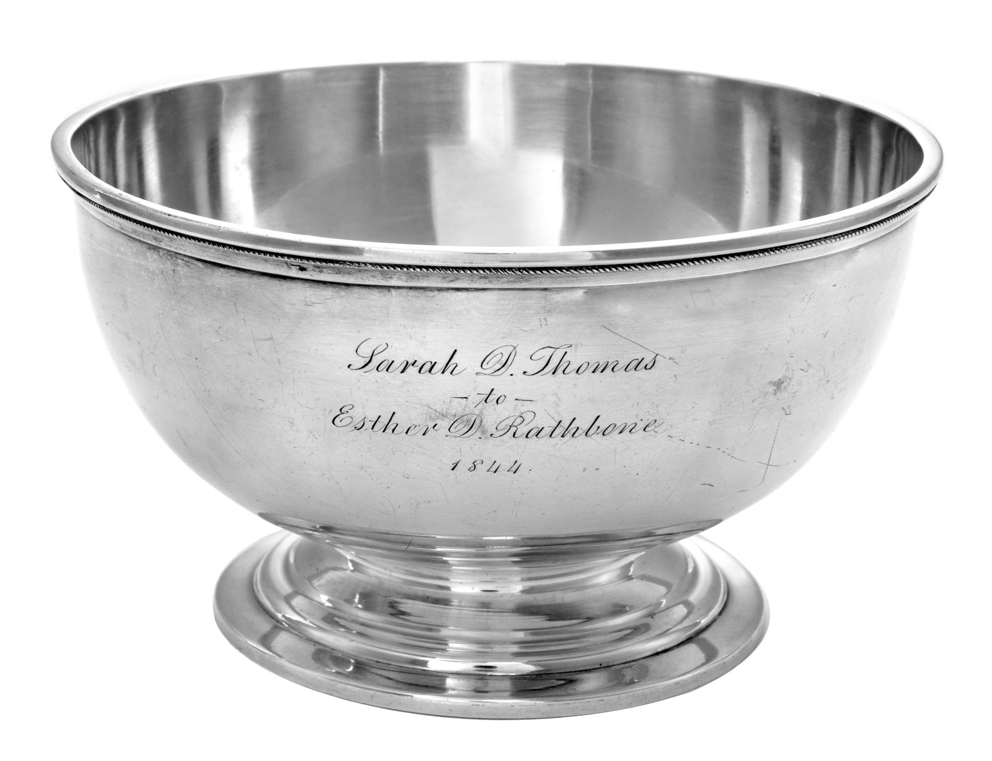 An American Coin Silver Footed Bowl, Bigelow Bros. & Kennard, Boston, MA, Mid-19th Century, the body engraved Sarah D. Thomas to Esther