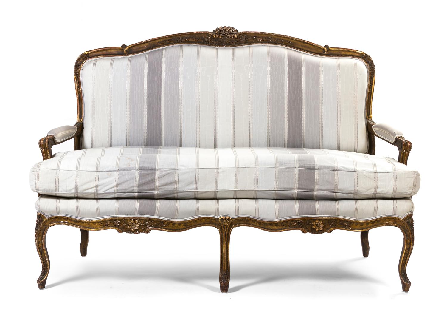 A Louis XV Style Giltwood Canape, Width 62 inches.