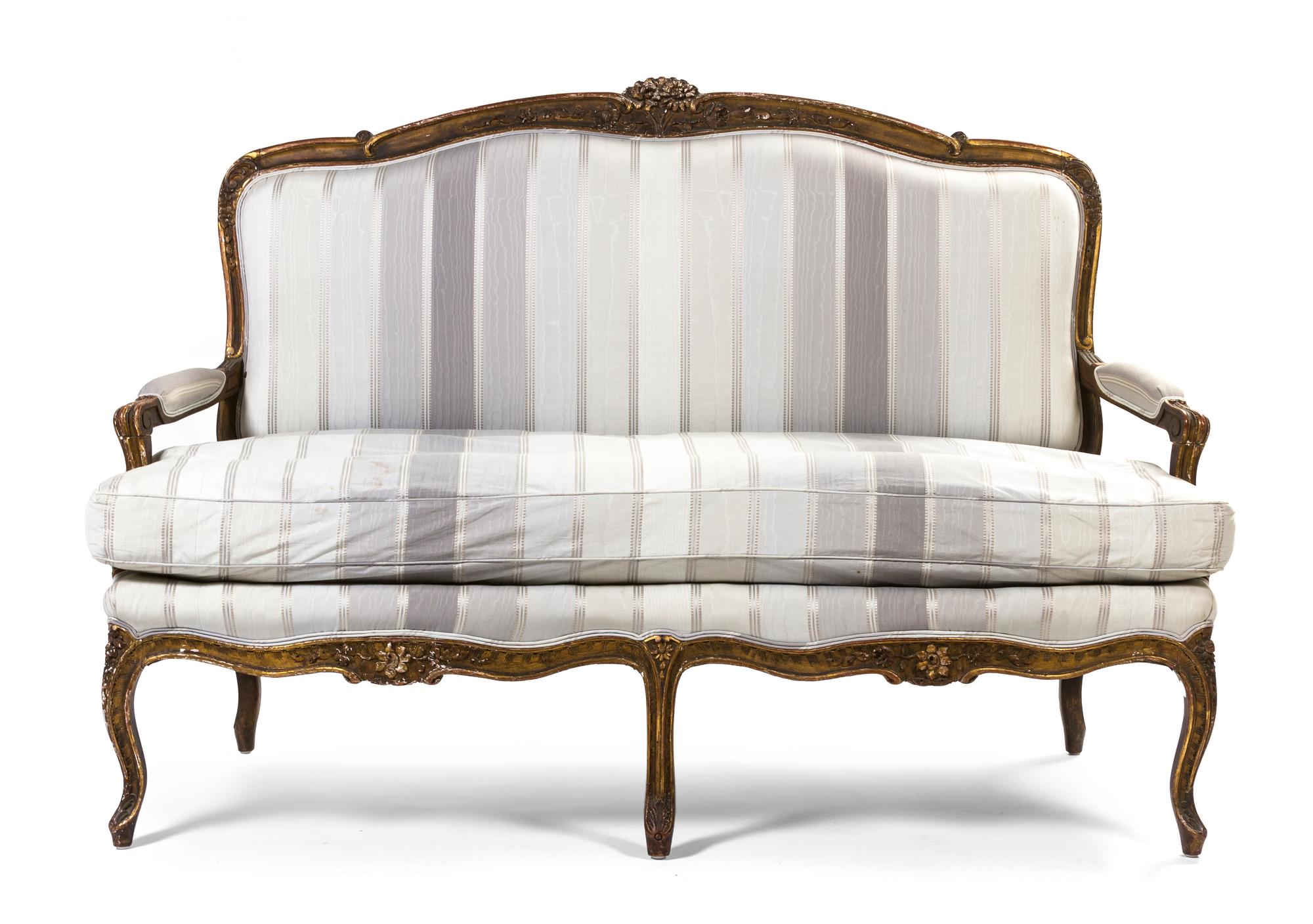 A Louis XV Style Giltwood Canape, Width 62 inches.