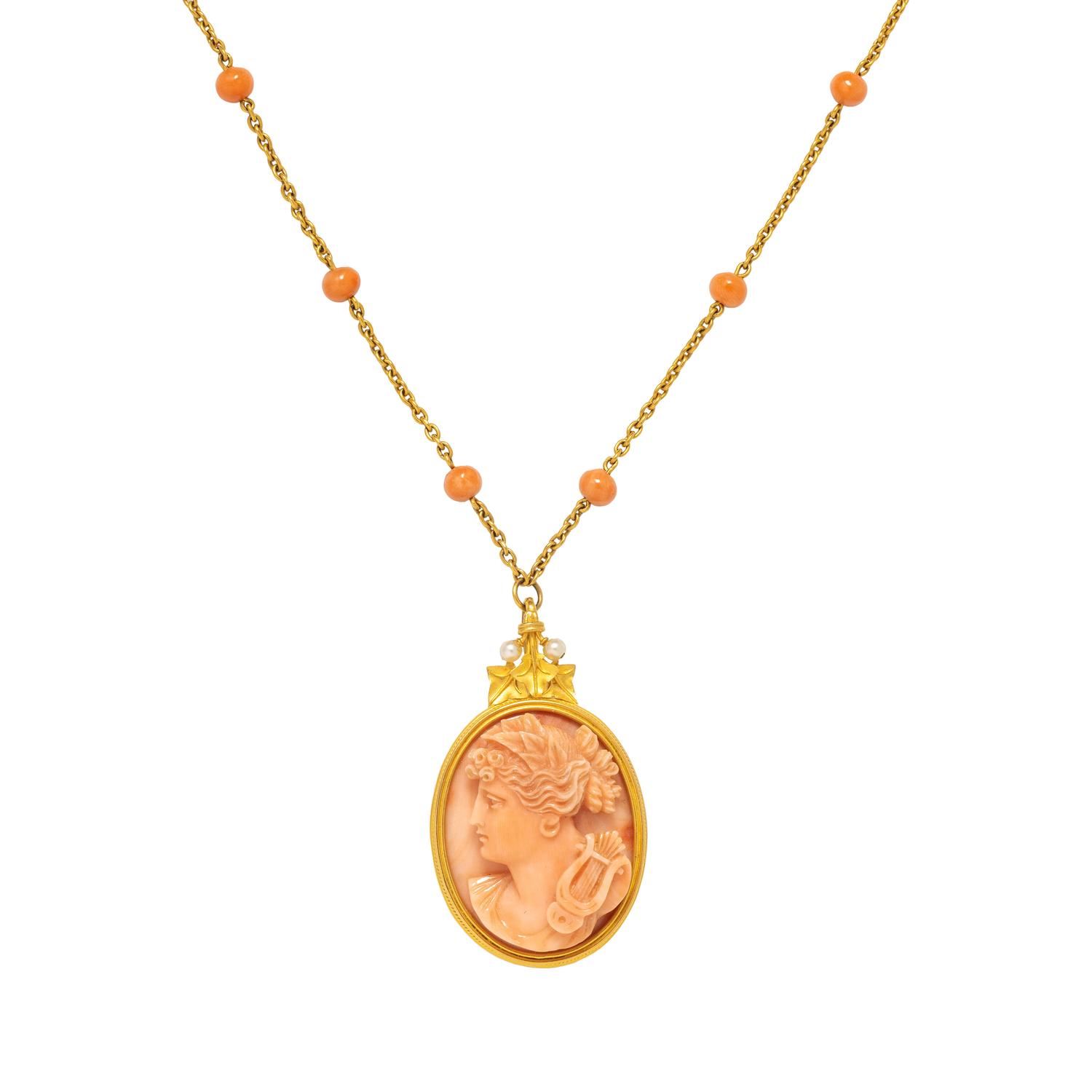 YELLOW GOLD AND CORAL CAMEO PENDANT/NECKLACE