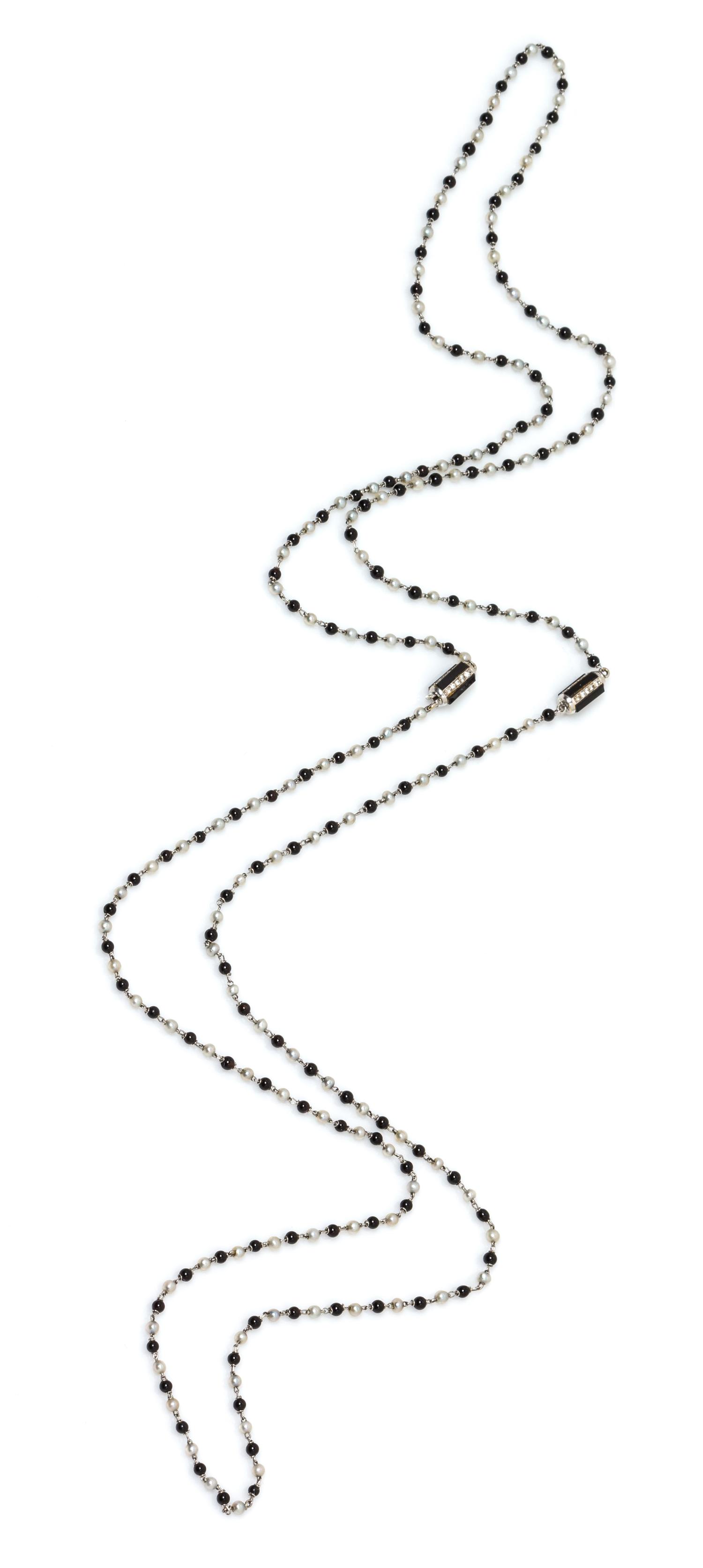 A Pair of 18 Karat White Gold, Onyx, Cultured Seed Pearl and Diamond Station Necklaces, Bvlgari, 8.00 dwts.