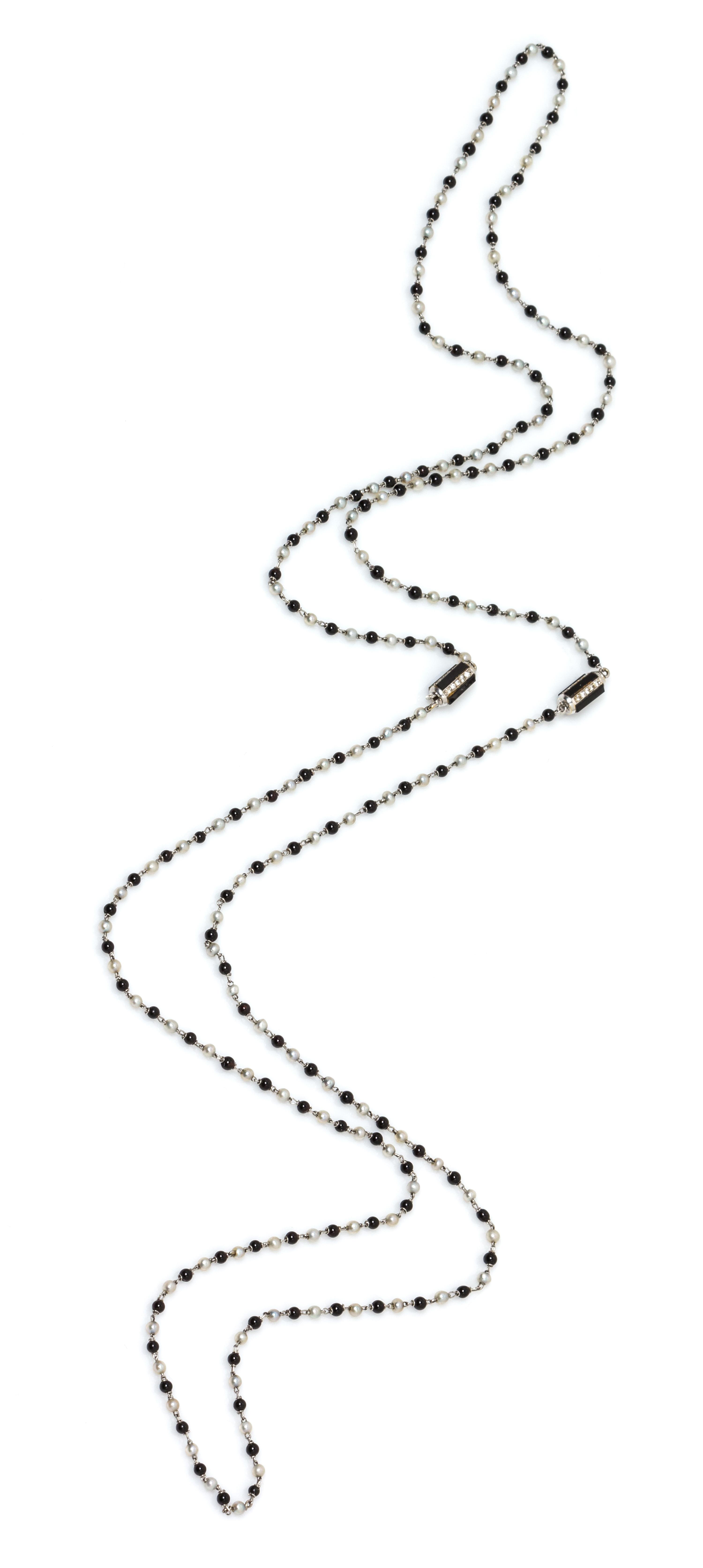 A Pair of 18 Karat White Gold, Onyx, Cultured Seed Pearl and Diamond Station Necklaces, Bvlgari, 8.00 dwts.