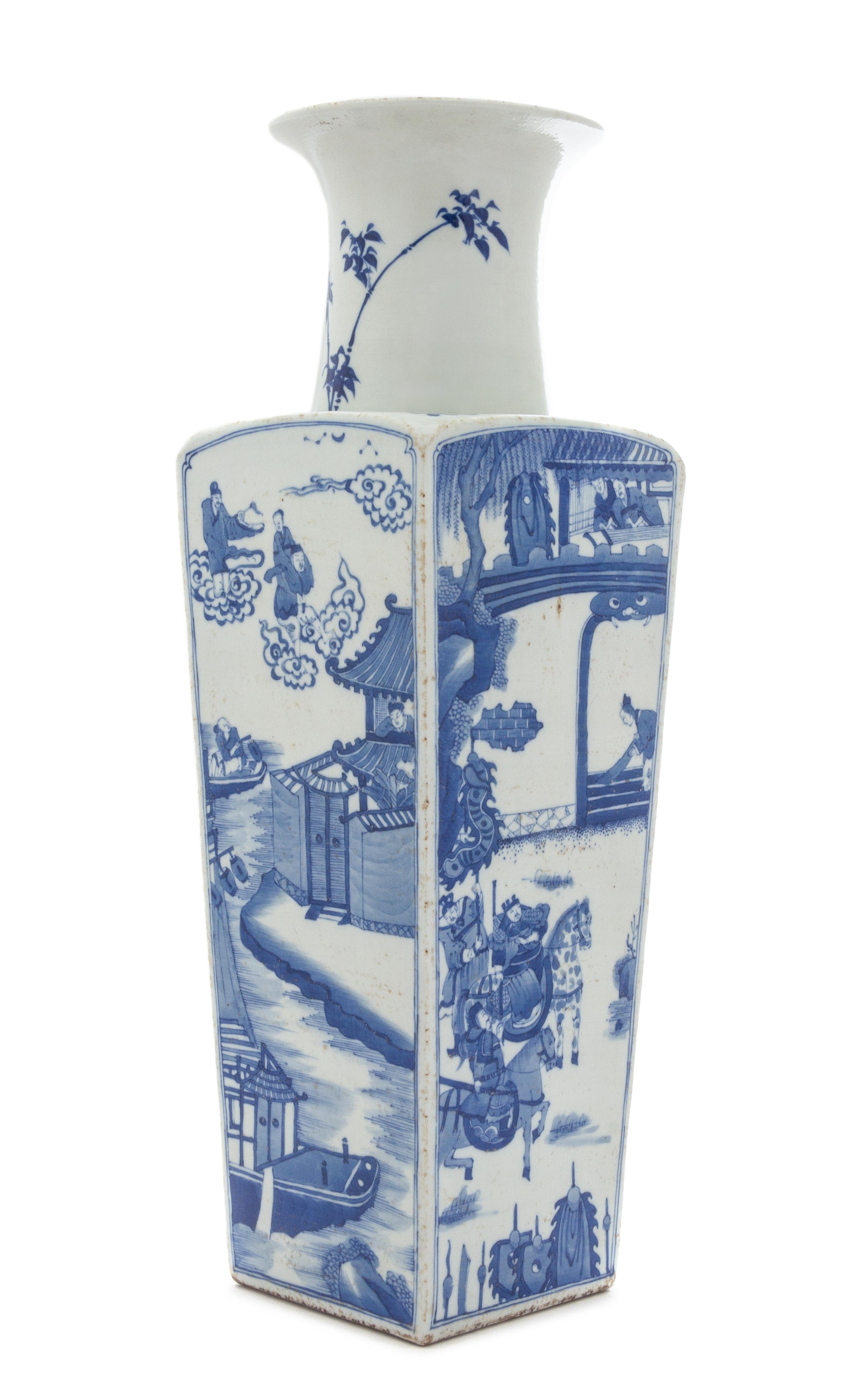 A Blue and White Porcelain Square Vase Height 19 1/2 inches.